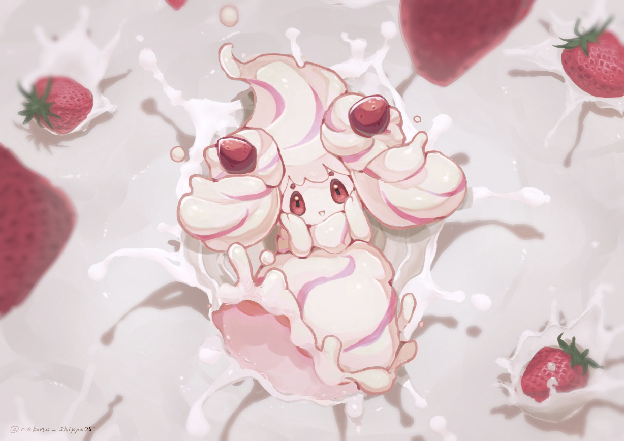 nako (nekono shippo75), alcremie, nintendo, pokemon, commentary request, cream, food, fruit, full body, gen 8 pokemon, looking at viewer, no humans, open mouth, pokemon (creature), red eyes, solo, strawberry