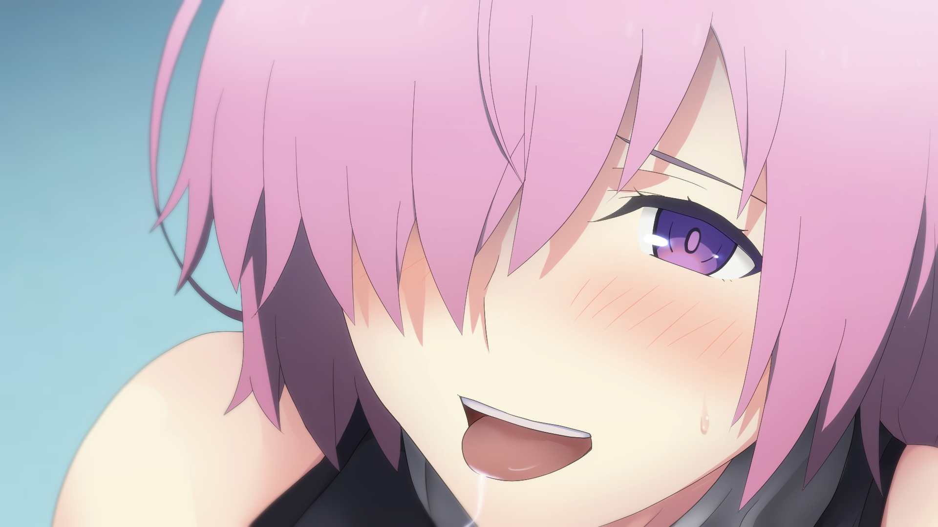 toraya (doujintraya), mash kyrielight, fate/grand order, fate (series), 1girl, black hair, blush, nipples, open mouth, pink hair, short hair, tongue, tongue out