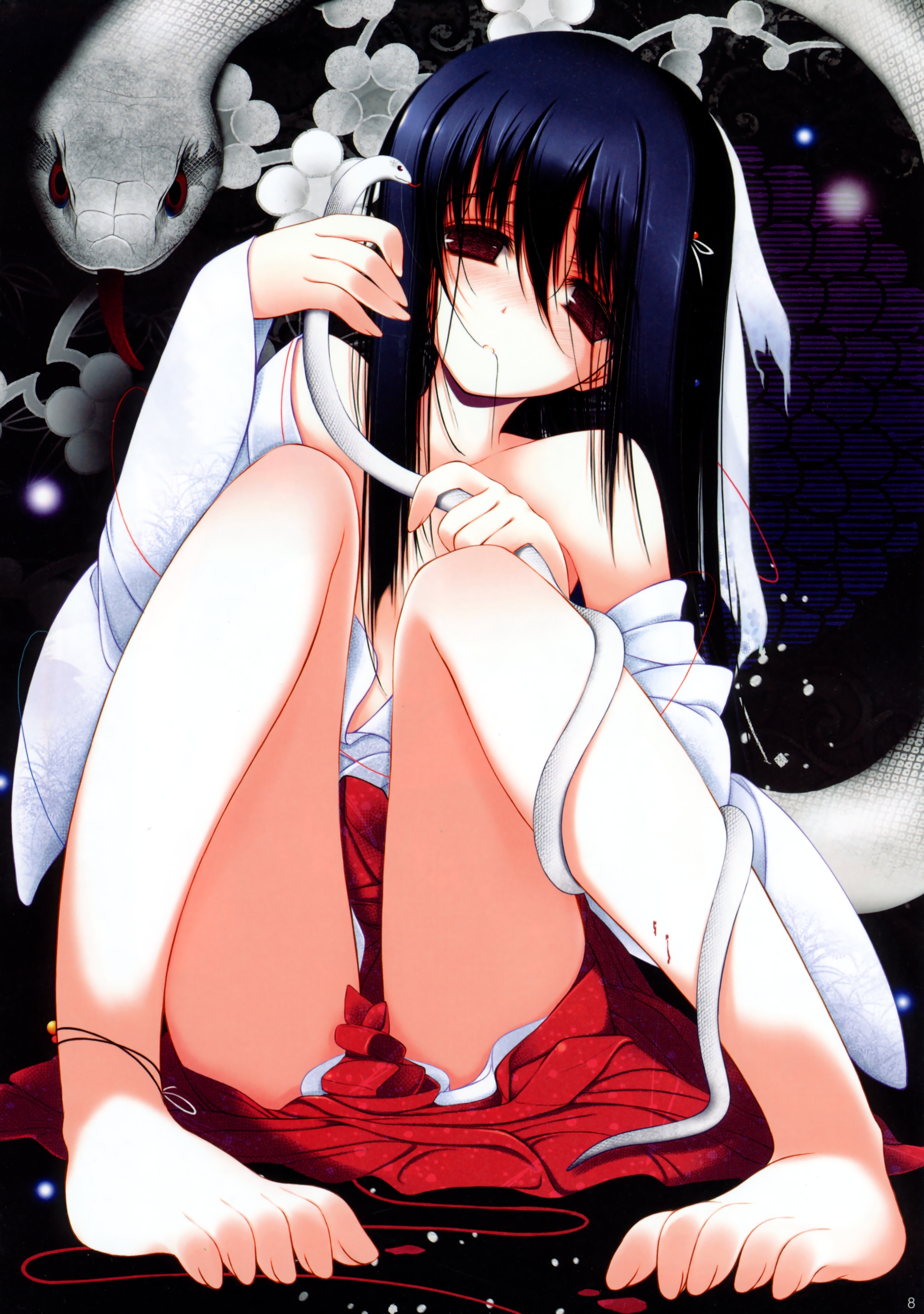 absurdres, duplicate, highres, 1girl, anklet, barefoot, black hair, blood, female focus, japanese clothes, jewelry, kimono, miko, red eyes, sitting, snake, solo