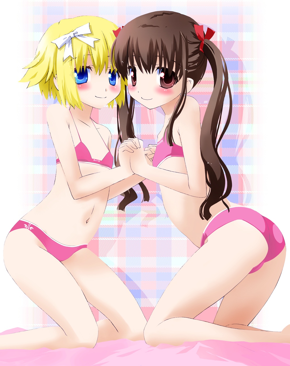 noto (soranoto), highres, 2girls, ass, bikini, blonde hair, blue eyes, blush, brown eyes, brown hair, flat chest, holding hands, kneeling, loli, long hair, multiple girls, navel, ribbon, short hair, swimsuit, twintails