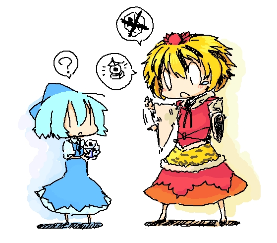 tsukino, cirno, toramaru shou, touhou, 2girls, bishamonten's pagoda, blonde hair, blue hair, chibi, multiple girls, short hair, | |