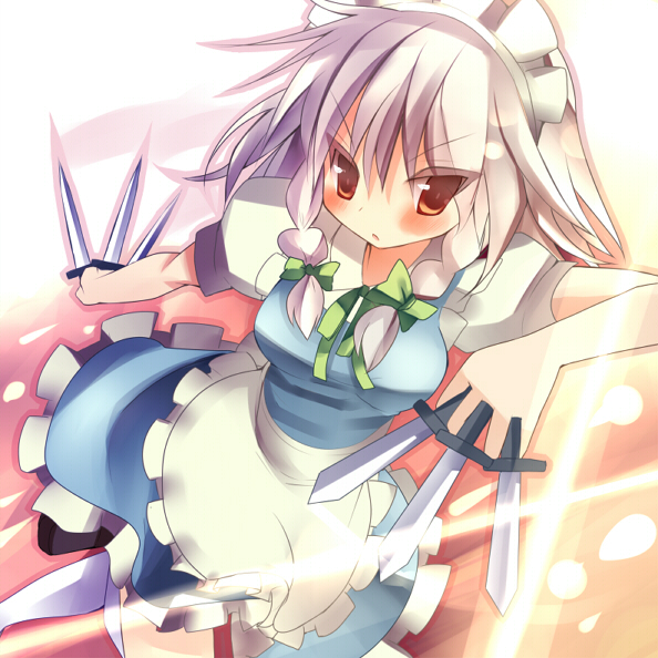 nurupodesu, tsunono, izayoi sakuya, touhou, 1girl, braid, female focus, hair ribbon, knife, ribbon, solo, throwing knife, twin braids, weapon, white hair