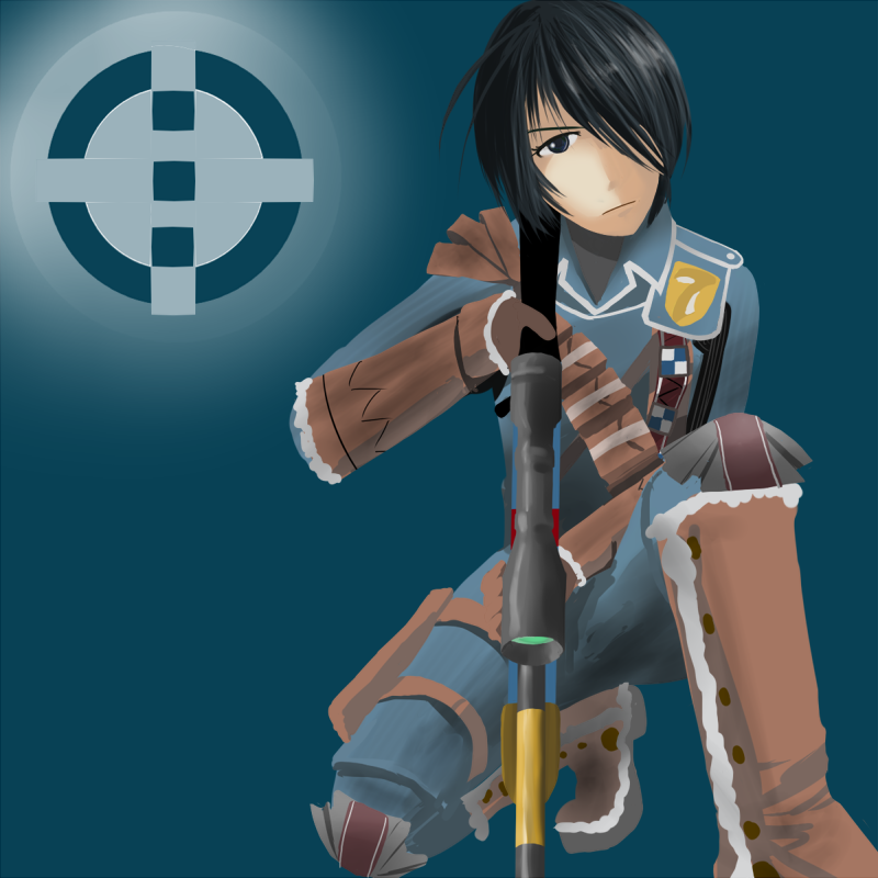 cuzi (pixiv10029), marina wulfstan, senjou no valkyria, senjou no valkyria (series), senjou no valkyria 1, 00s, 1girl, black eyes, black hair, female focus, gradient background, gun, hair over one eye, kneeling, military, military uniform, rifle, short hair, solo, weapon