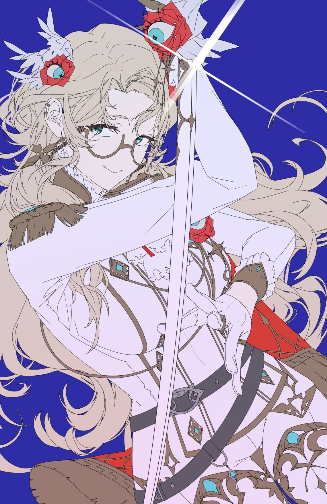 so un so, aia amare, aia amare (3rd costume), nijisanji, nijisanji en, commentary request, highres, 1girl, aqua eyes, blonde hair, blue background, breasts, cape, cross, cross earrings, earclip, earrings, epaulettes, extra eyes, eyewear strap, flat color, formal clothes, glasses, glint, gloves, jewelry, large breasts, long hair, looking at viewer, red cape, semi-rimless eyewear, simple background, smile, solo, suit, thigh gap, virtual youtuber, white gloves, white suit