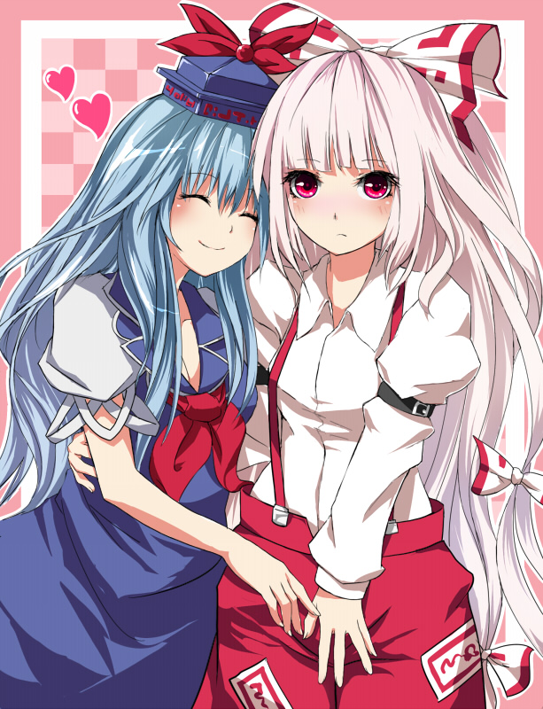 fuji hyorone, fujiwara no mokou, kamishirasawa keine, touhou, bad id, bad pixiv id, 2girls, blue hair, blush, bow, closed eyes, female focus, hair bow, hat, heart, hug, long hair, multiple girls, multiple hair bows, pink eyes, pink hair, smile, yuri