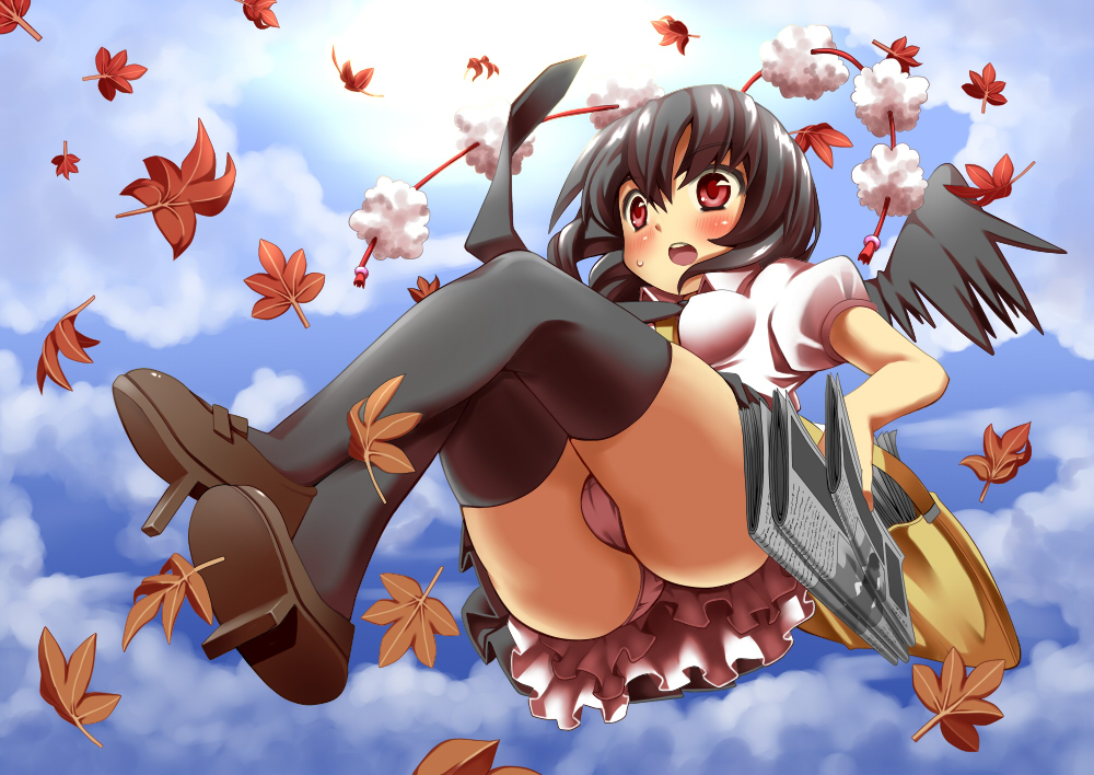 niji sugi, shameimaru aya, touhou, bad id, bad pixiv id, 1girl, black hair, black wings, blush, female focus, geta, hat, newspaper, open mouth, panties, red eyes, short hair, skirt, solo, tengu-geta, thighhighs, tokin hat, underwear, wind, wings