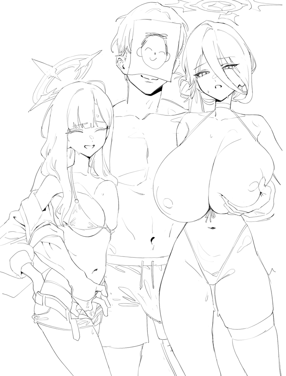 banssee, doodle sensei (blue archive), hasumi (blue archive), hasumi (swimsuit) (blue archive), ichika (blue archive), ichika (swimsuit) (blue archive), sensei (blue archive), blue archive, highres, 1boy, 2girls, bikini, bikini bottom under shorts, bikini under clothes, breast press, breasts, breasts out, closed eyes, fingering, fingering from behind, grabbing another's breast, grabbing from behind, groping, halo, hand under bikini, highleg, highleg bikini, huge breasts, lineart, long hair, multiple girls, nipples, o-ring, o-ring bikini, o-ring top, official alternate costume, official alternate hairstyle, open clothes, open shorts, paper on head, shorts, smile, swimsuit