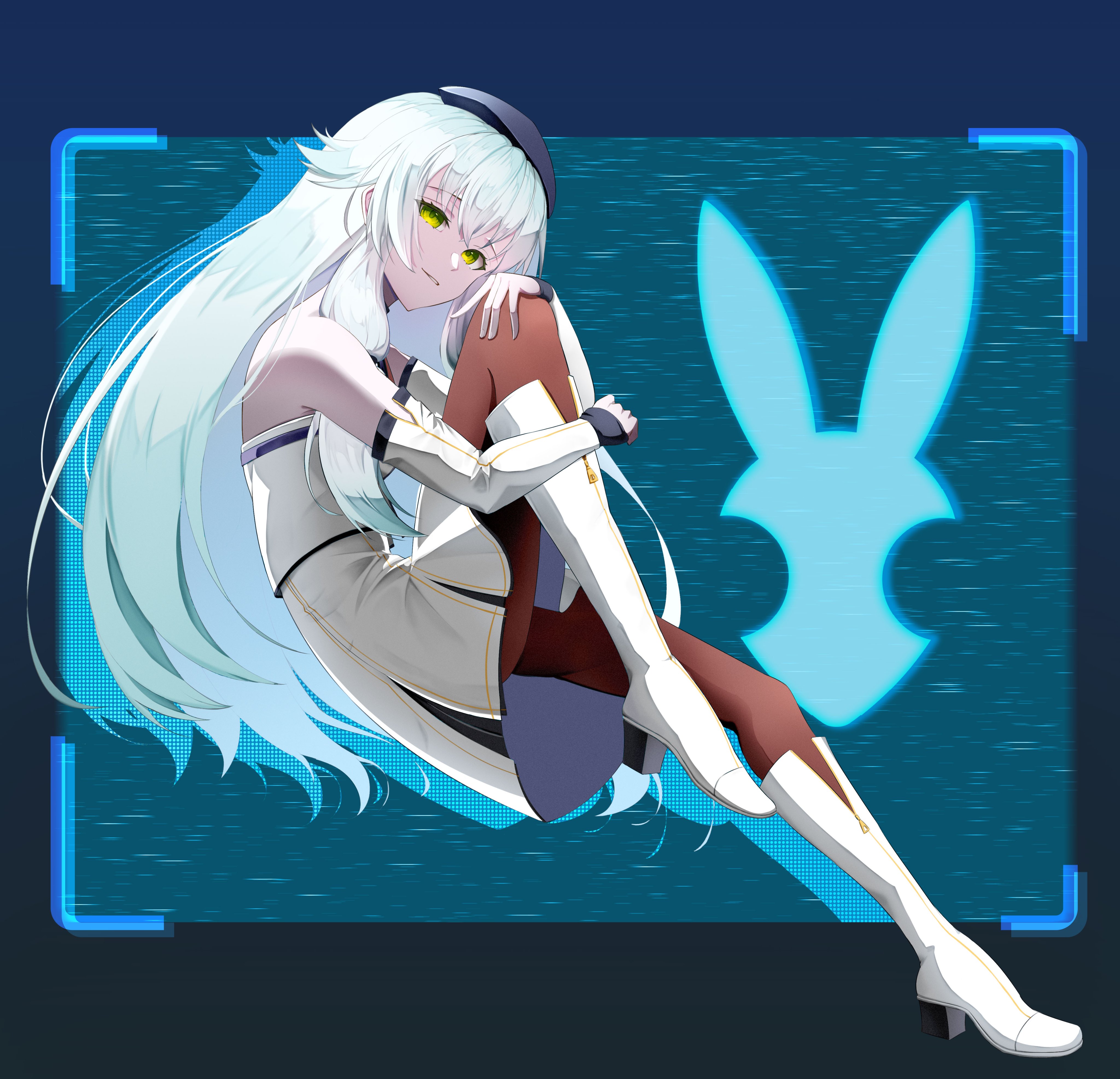 corecamilox4, altina orion, eiyuu densetsu, kai no kiseki, kuro no kiseki (series), absurdres, commentary, english commentary, highres, 1girl, bare shoulders, beret, black hat, boots, brown thighhighs, detached sleeves, double-parted bangs, dress, floating hair, full body, green eyes, hair between eyes, hat, high heel boots, high heels, looking at viewer, parted lips, silhouette, simple background, smile, solo, thighhighs, white dress, white hair