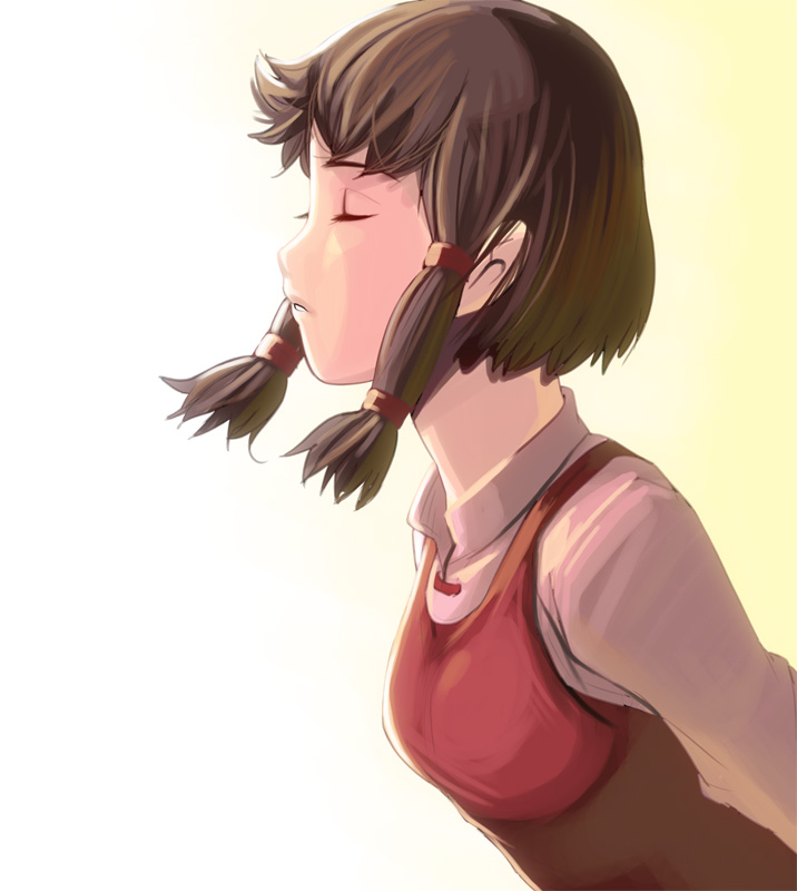 kouno (masao), therru, gedo senki, studio ghibli, bad id, bad pixiv id, 1girl, brown hair, casual, closed eyes, female focus, gradient background, solo, white background
