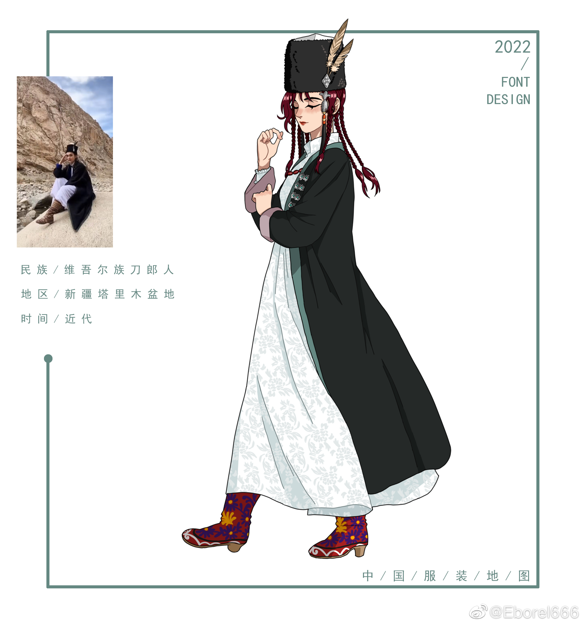 original, chinese commentary, commentary request, highres, photo-referenced, translated, 1girl, 2022, black hat, boots, braid, brown hair, chinese text, closed eyes, coat, eborel, from side, full body, fur hat, hand up, hat, hat feather, long braid, multiple braids, photo inset, red boots, red lips, reference inset, robe, solo, uygur clothes, walking, watermark, weibo watermark, white background, white coat, white robe