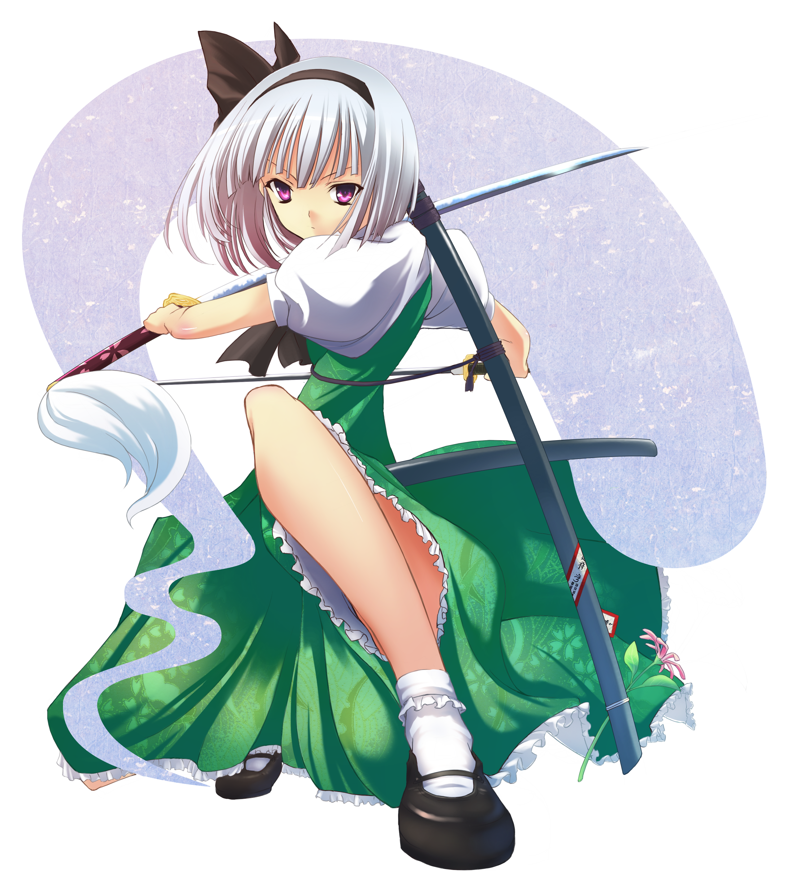 sukuna (artist), konpaku youmu, konpaku youmu (ghost), touhou, silver hair, absurdres, highres, 1girl, bobby socks, female focus, full body, ghost, hairband, katana, mary janes, pink eyes, red eyes, shoes, short hair, socks, solo, sword, transparent background, weapon