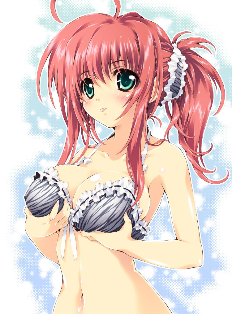 mitsuki mantarou, 1girl, :p, blush, bra, breast lift, breasts, female focus, green eyes, lingerie, navel, ponytail, red hair, solo, tongue, tongue out, underwear