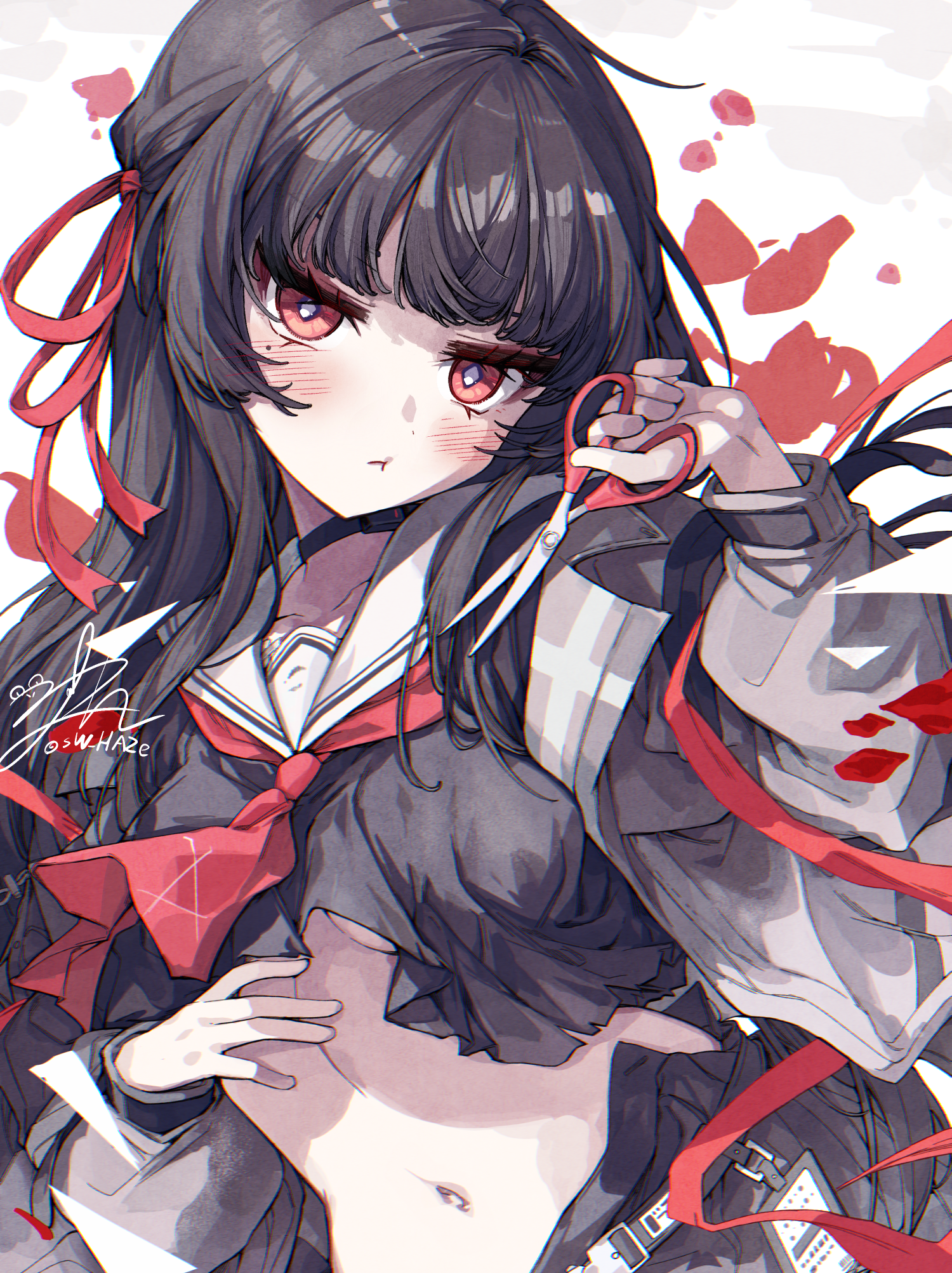 sw haze, chisa (wuthering waves), wuthering waves, commentary request, highres, korean commentary, 1girl, :i, black choker, black hair, black jacket, black shirt, blush, breasts, bright pupils, choker, chromatic aberration, hand up, holding, holding scissors, id card, jacket, long hair, looking at viewer, medium breasts, mole, mole under eye, navel, neckerchief, pout, red eyes, red neckerchief, red ribbon, ribbon, sailor collar, scissors, shirt, signature, solo, stomach, upper body, white pupils, white sailor collar
