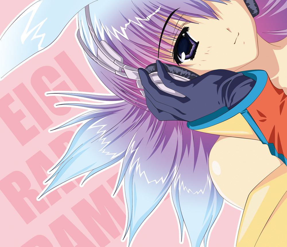 eigi, original, 1girl, bare shoulders, black gloves, female focus, gloves, headphones, long hair, purple eyes, purple hair, solo