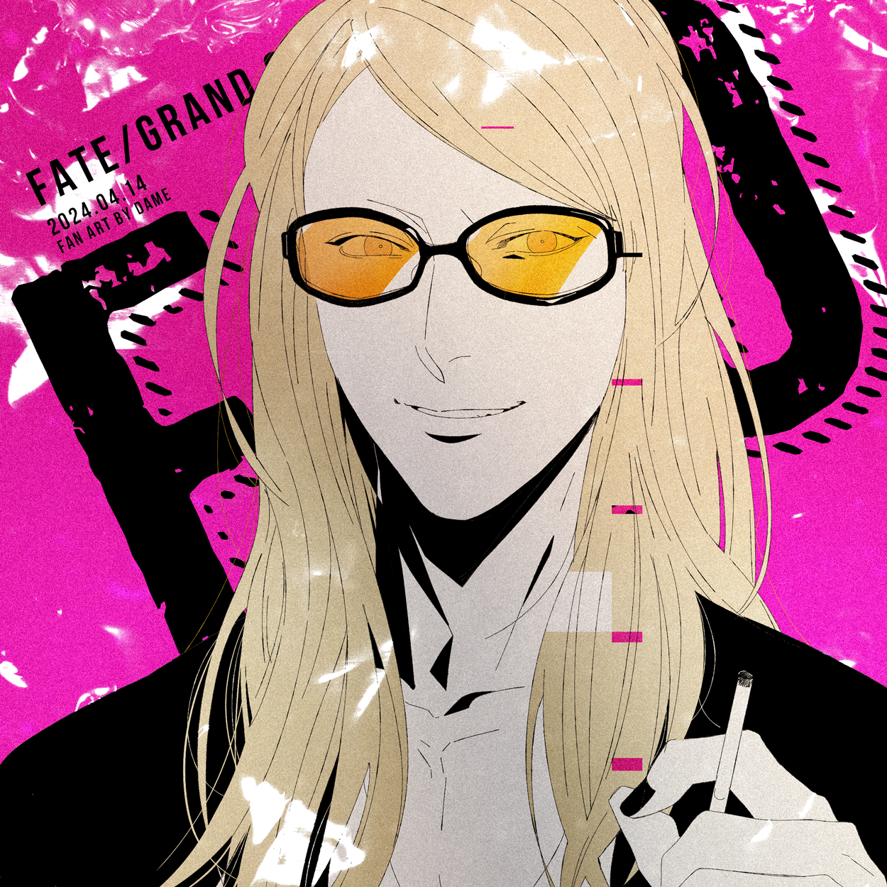 dame (dame ice), tezcatlipoca (fate), fate/grand order, fate (series), commentary request, highres, 1boy, artist name, blonde hair, cigarette, dated, holding, holding cigarette, long hair, male focus, orange-tinted eyewear, orange eyes, partially colored, pink background, smoking, solo, tinted eyewear, upper body