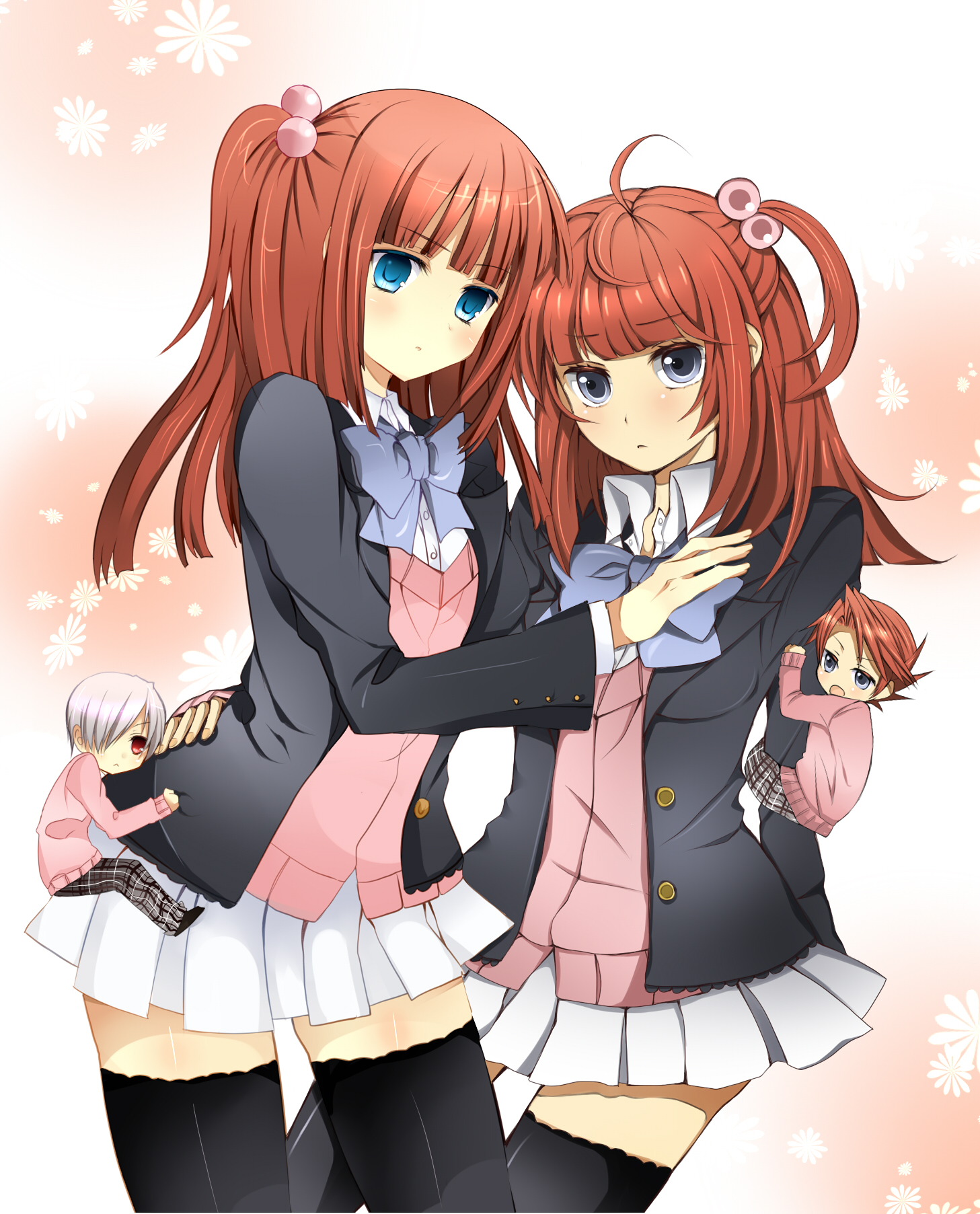 kinatsu souju, melt (artist), amakusa juuza, ushiromiya ange, ushiromiya battler, umineko no naku koro ni, bad id, bad pixiv id, highres, 00s, 2boys, 2girls, bow, bowtie, dual persona, multiple boys, multiple girls, red hair, skirt, thighhighs, time paradox, twintails