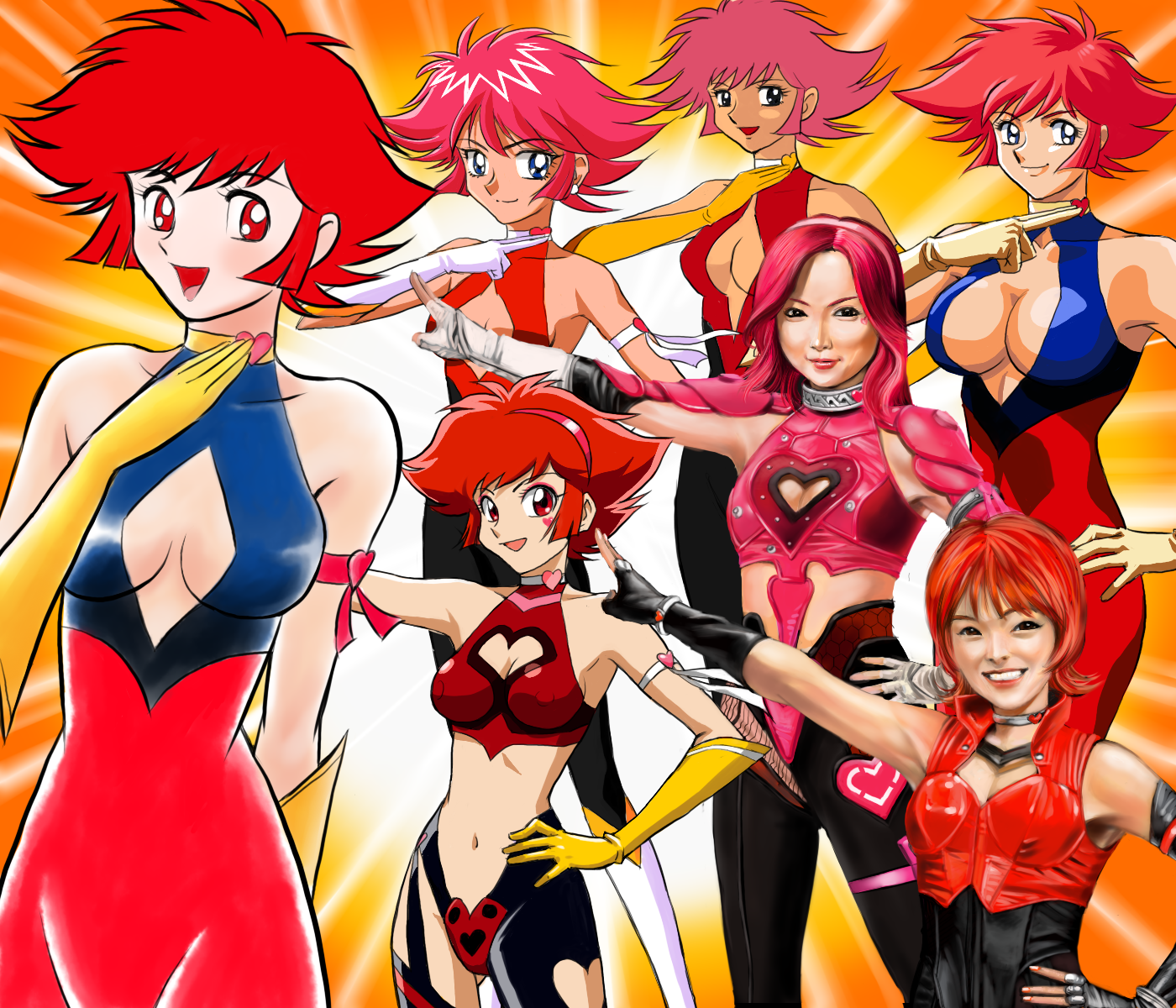 yusao, cutie honey (character), hara mikie, kisaragi honey, satou eriko, cutie honey, cutie honey the live, re: cutie honey, highres, 00s, 6+girls, choker, cleavage cutout, clothing cutout, elbow gloves, gloves, heart, heart cutout, magical girl, multiple girls, multiple persona, realistic, red hair