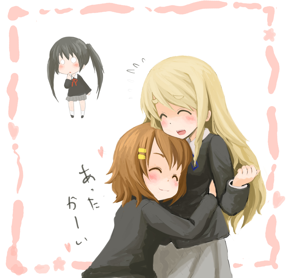 mugi (banban53), hirasawa yui, kotobuki tsumugi, nakano azusa, k-on!, bad id, bad pixiv id, translated, 00s, 3girls, blonde hair, brown hair, chibi, closed eyes, hug, long hair, multiple girls, o o, school uniform, short hair, yuri