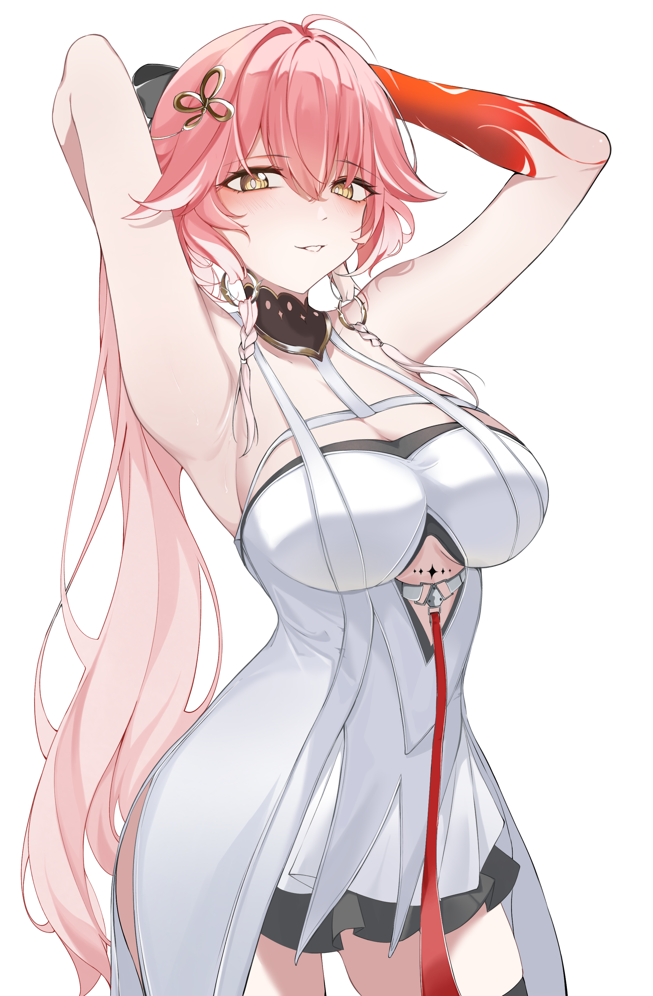 changli (wuthering waves), wuthering waves, absurdres, commentary, highres, 1girl, armpits, arms behind head, arms up, bare shoulders, black collar, braid, breasts, cleavage, collar, cowboy shot, dress, hair between eyes, hair extensions, hair ornament, large breasts, long hair, looking at viewer, multicolored hair, no jacket, parted lips, pink hair, ring hair extensions, sifffl, simple background, smile, solo, tacet mark (wuthering waves), thighs, twin braids, two-tone hair, very long hair, white background, white dress, white hair, yellow eyes