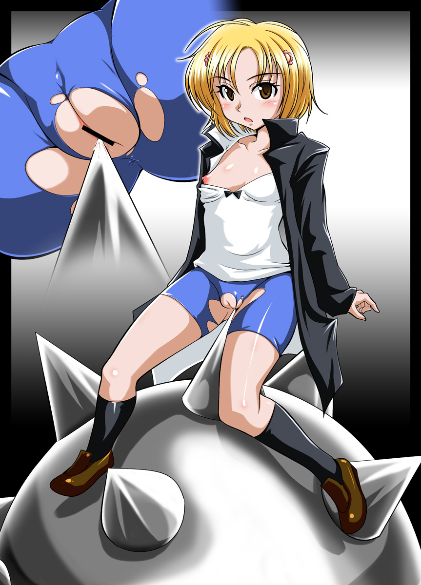 ryumage, shirayukinomiya kobushi, kenka banchou, kongou banchou, highres, 1girl, :o, ahoge, anus, bar censor, bike shorts, black socks, blonde hair, blush, body blush, border, bow, breasts, brown eyes, censored, cleft of venus, clitoris, close-up, crotch rub, female focus, female masturbation, from below, gradient background, hair ornament, hairclip, hairpin, high collar, jacket, kneehighs, latex, loafers, looking at viewer, masturbation, nipple slip, nipples, no bra, no panties, object insertion, open clothes, open jacket, open mouth, parted bangs, pussy, pussy juice, shoes, short hair, sitting, skin tight, small breasts, socks, solo, spandex, spike ball, spikes, steel ball (jojo), torn bike shorts, torn clothes, vaginal, vaginal object insertion, weapon