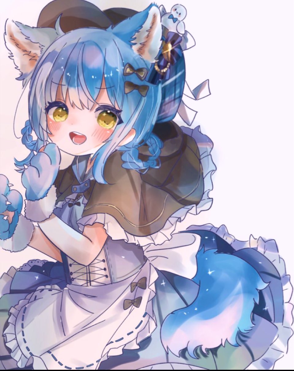tachibana sherry, mahou shoujo no majo saiban, commentary request, highres, 1girl, :d, adapted costume, alternate costume, animal ears, animal hands, apron, black capelet, blue hair, blue skirt, braid, braided hair rings, capelet, corset, dog ears, dog tail, frilled apron, frilled capelet, frilled skirt, frills, gloves, hair rings, hands up, looking at viewer, myua (wan wan 00xx), open mouth, paw gloves, pleated skirt, short hair, simple background, skirt, smile, solo, tail, white apron, yellow eyes