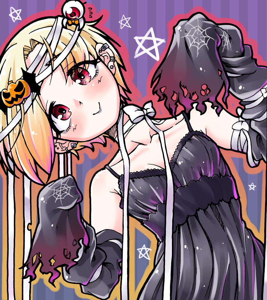 higurashi aki, shirasaka koume, idolmaster, idolmaster cinderella girls, commentary request, 1girl, bags under eyes, black dress, blonde hair, breasts, choker, detached sleeves, dress, ear piercing, halloween, looking at viewer, piercing, red eyes, ribbon choker, short hair, sleeves past wrists, small breasts, smile, solo, upper body