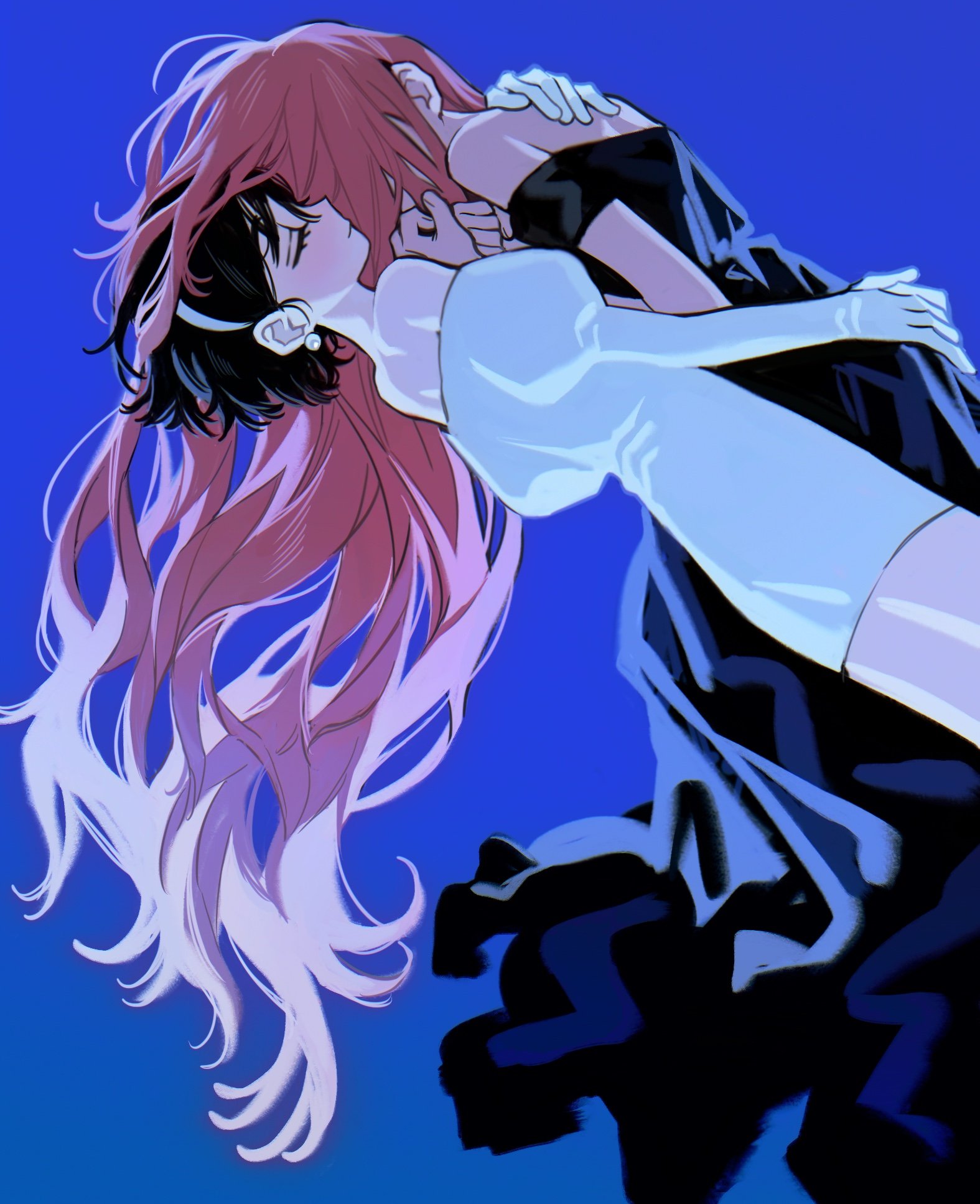 sea foam, mizi (alien stage), sua (alien stage), alien stage, highres, 2girls, black dress, black hair, blue background, closed eyes, dress, earrings, elbow gloves, gloves, hairband, jewelry, juliet sleeves, long dress, long hair, long sleeves, multiple girls, off-shoulder dress, off shoulder, pearl earrings, pencil dress, pink hair, puffy sleeves, short hair, simple background, sphere earrings, very long hair, white dress, white gloves, white hairband