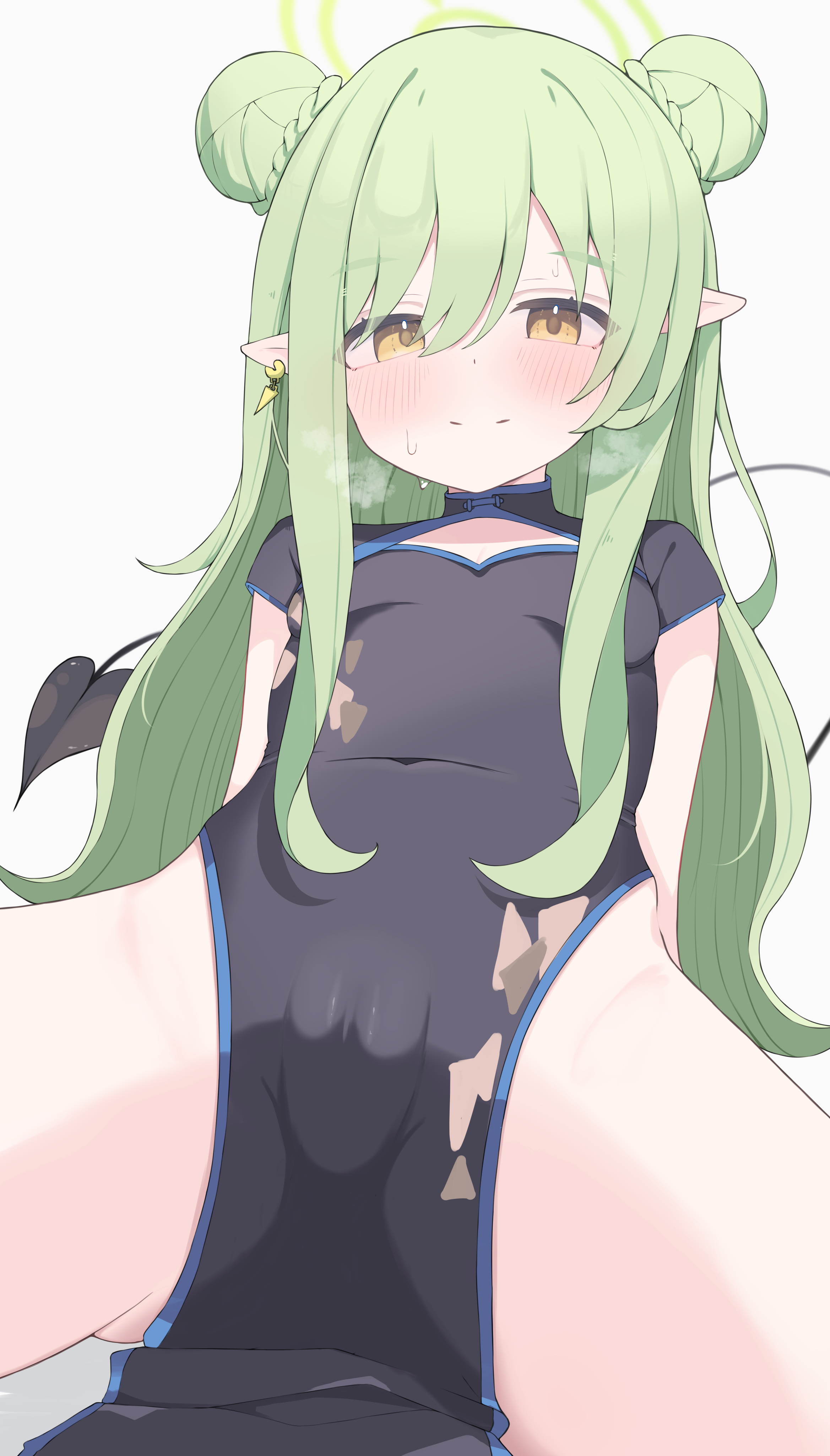 nui (nuinui0300), hikari (blue archive), blue archive, covered pussy, absurdres, commentary, highres, translation request, variant set, 1girl, black dress, black tail, blush, braid, breasts, bun with braided base, china dress, chinese clothes, closed mouth, covered navel, demon girl, demon tail, double bun, dress, earrings, green hair, green halo, hair bun, halo, heavy breathing, jewelry, long hair, looking at viewer, pelvic curtain, pointy ears, short sleeves, simple background, small breasts, solo, tail, white background