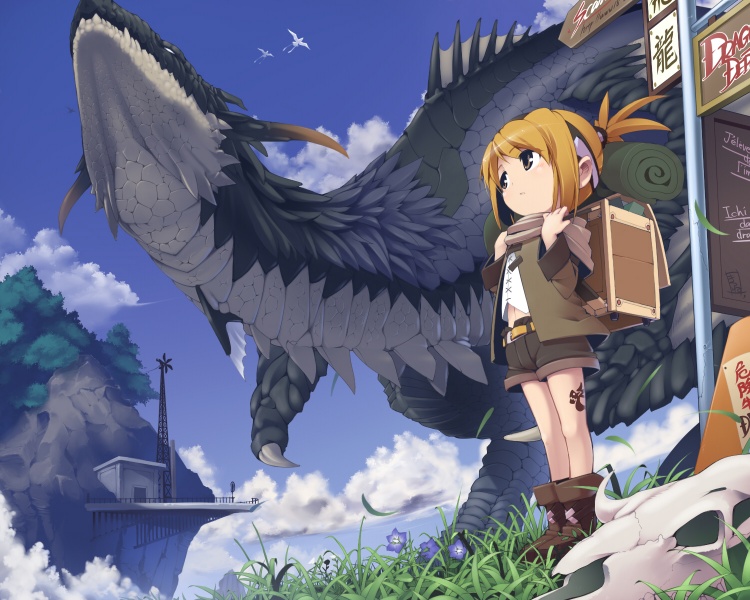 kitsune (scrawl), original, 1girl, bag, bird, blonde hair, boots, brown eyes, child, claws, cloud, day, dragon, fantasy, female focus, flower, flying, horns, legs, looking up, nature, orange hair, ponytail, shorts, skull, sky, solo, standing