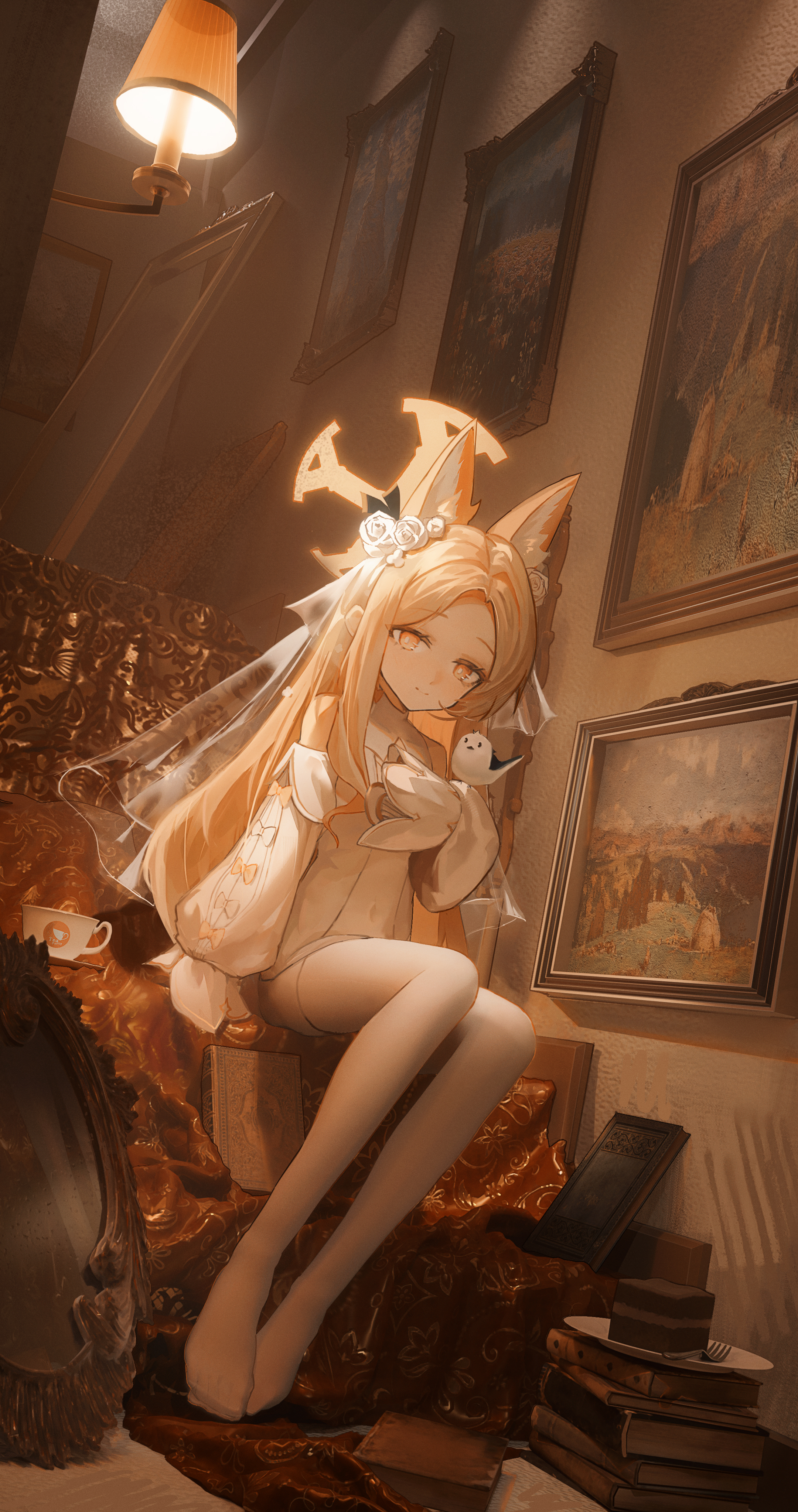 xixic-owo, seia (blue archive), blue archive, absurdres, commentary request, highres, 1girl, animal ear fluff, animal ears, animal on arm, bird, bird on arm, blonde hair, book, book stack, cake, cake slice, closed mouth, cup, detached sleeves, ear wreath, flower, food, fork, fox ears, fox girl, full body, halo, hand up, indoors, lampshade, long hair, long sleeves, looking at viewer, no shoes, painting (object), pantyhose, plate, see-through clothes, see-through veil, shirt, sitting, sleeve bow, sleeves past wrists, smile, solo, teacup, tit (bird), veil, wall lamp, white flower, white pantyhose, white shirt, yellow eyes, yellow halo