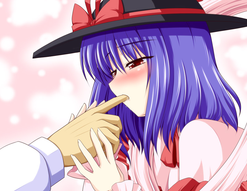 bococho, nagae iku, touhou, 1girl, blue hair, blush, female focus, finger in own mouth, finger sucking, gradient background, hat, male hand, red eyes, saliva, shawl, short hair, solo, solo focus