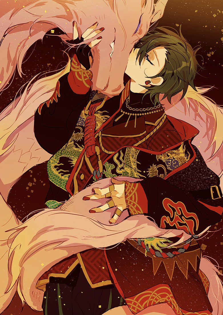 amanemio2, kagehira mika, ensemble stars!, commentary, symbol-only commentary, 1boy, black gloves, black hair, closed eyes, dragon, dragon print, earrings, fingerless gloves, fingernails, gloves, hand up, jewelry, long sleeves, male focus, nail polish, official alternate costume, official alternate hairstyle, ougonten (ensemble stars!), red nails, short hair, single glove, solo