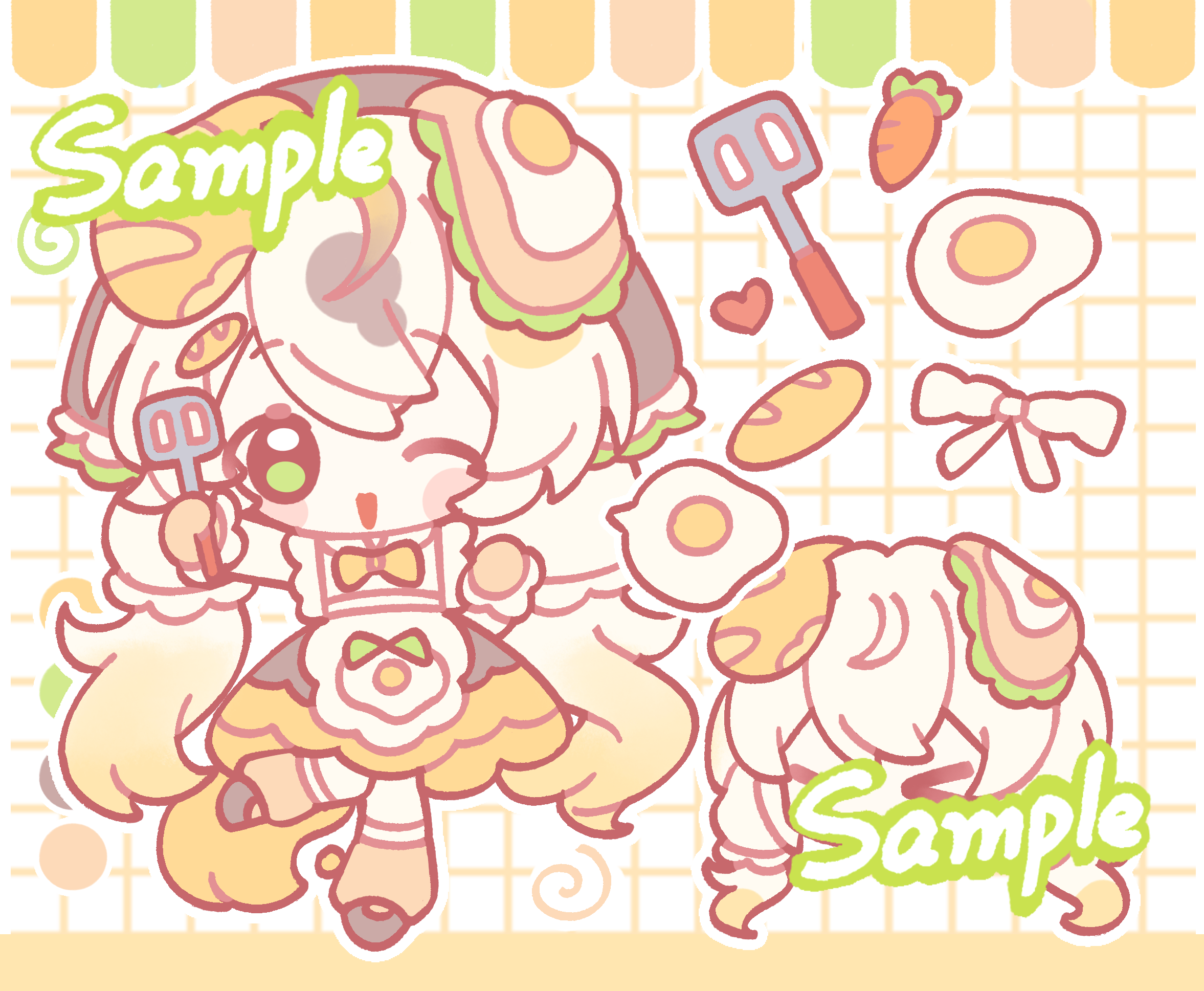 original, highres, 1girl, ;d, apron, baguette, black shoes, black skirt, blush stickers, bow, bowtie, bread, carrot, chibi, chibi only, double-parted bangs, egg (food), food, full body, green eyes, grid background, hair between eyes, holding, holding spatula, long hair, long sleeves, looking at viewer, one eye closed, open mouth, qin'aide, sample watermark, shirt, shoes, skirt, smile, socks, solo, spatula, standing, standing on one leg, watermark, white apron, white background, white hair, white shirt, yellow bow, yellow bowtie, yellow socks