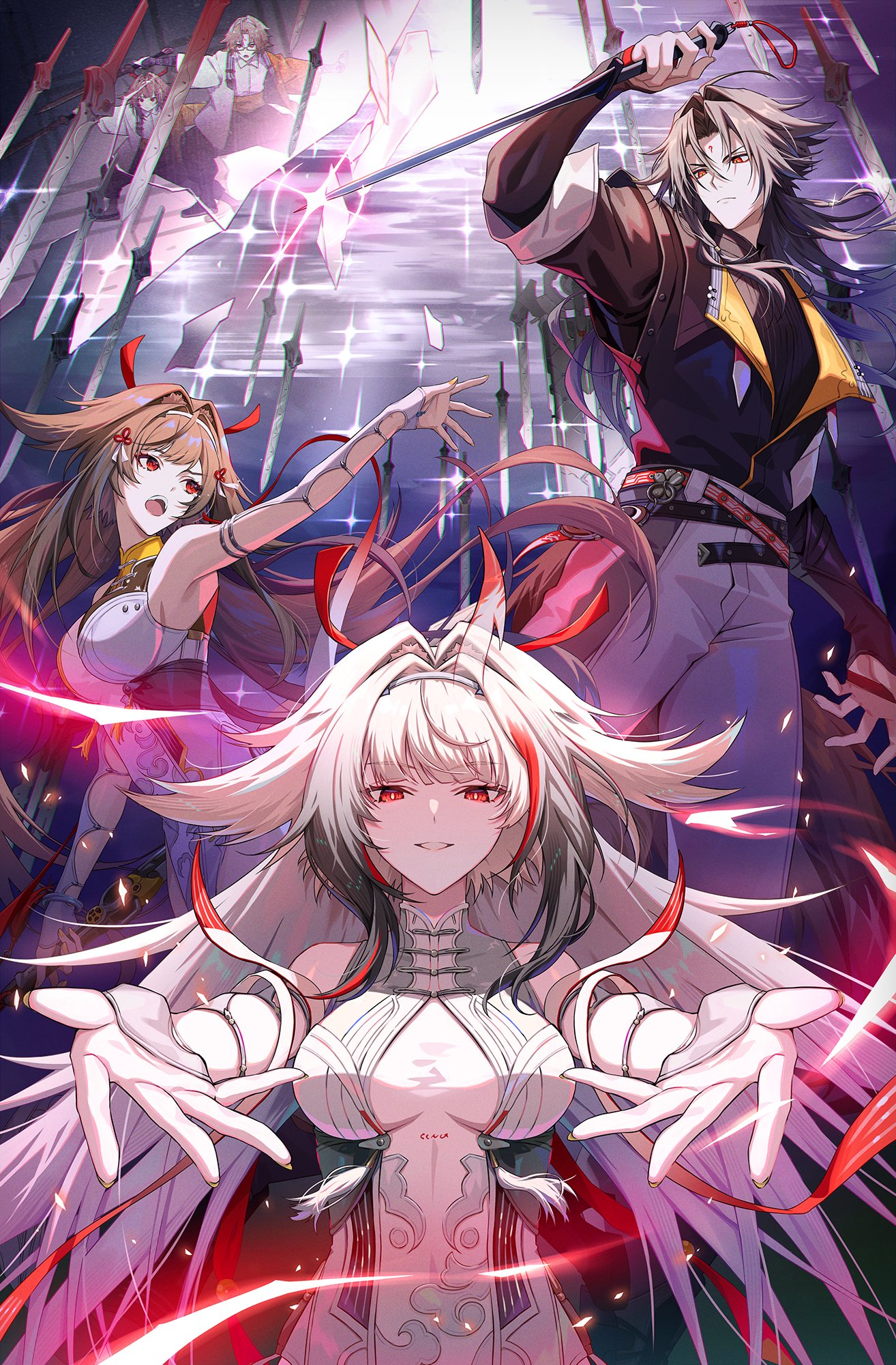 hinatsu, ye shiyuan, ye shunguang, zenless zone zero, commentary request, highres, 1boy, 2girls, alternate form, belt, black hair, breasts, brother and sister, brown hair, china dress, chinese clothes, cloud print, dress, droopy ears, facial mark, forehead mark, gradient hair, hair ornament, headband, horns, horse boy, horse girl, jacket, long hair, medium breasts, multicolored hair, multiple girls, multiple swords, pants, parted bangs, partially unzipped, qingming sword, red eyes, ribbon, siblings, single horn, smile, sparkle, tail, tassel, turtleneck, very long hair, white hair