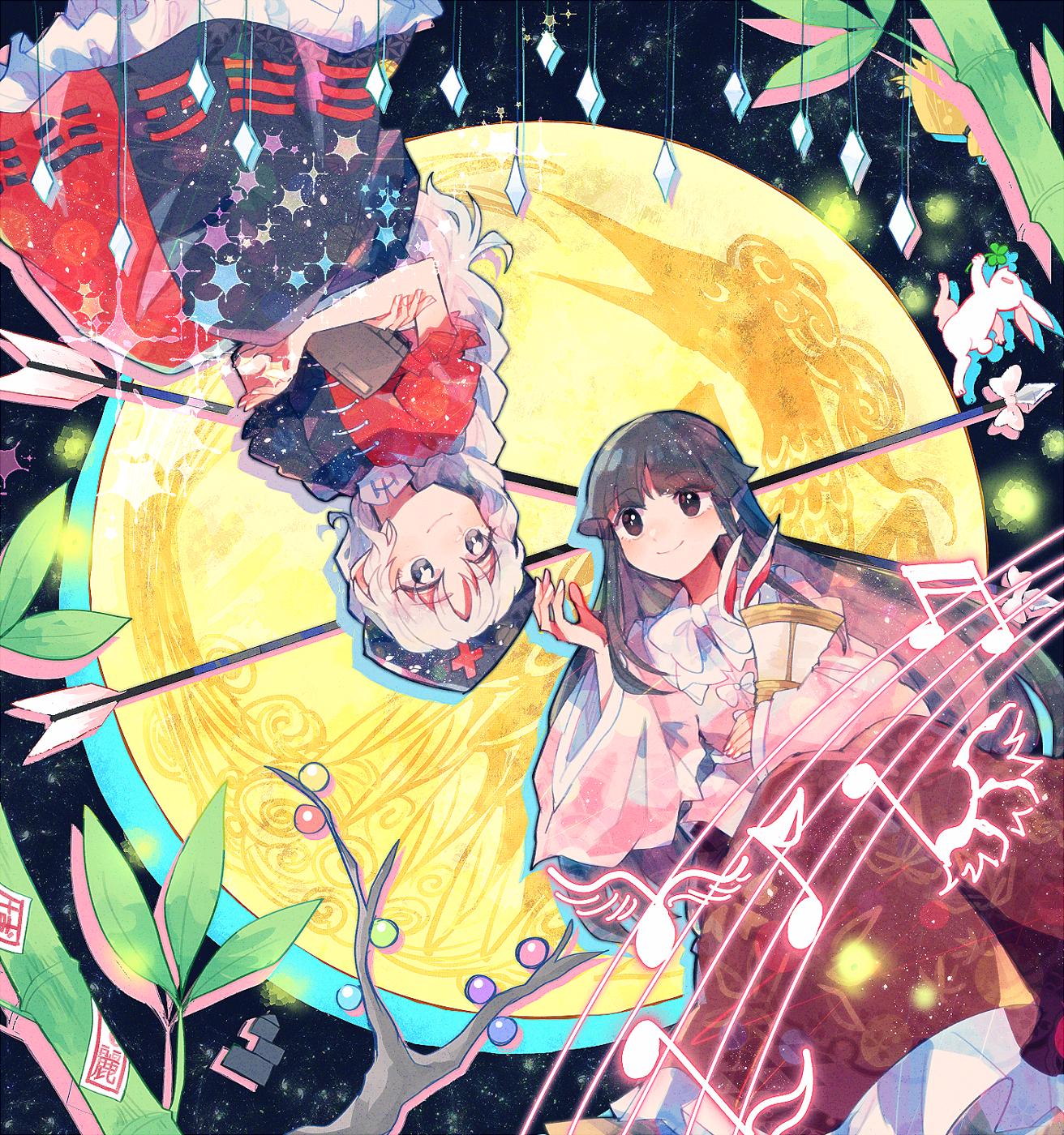 itomugi-kun, houraisan kaguya, yagokoro eirin, touhou, commentary request, highres, 2girls, animal ears, arrow (projectile), black eyes, black hair, blue hat, clover, crossed arms, four-leaf clover, grey eyes, hat, long hair, long sleeves, looking at another, multiple girls, musical note, rabbit ears, shirt, skirt, smile, upside-down, very long hair, white hair, wide sleeves