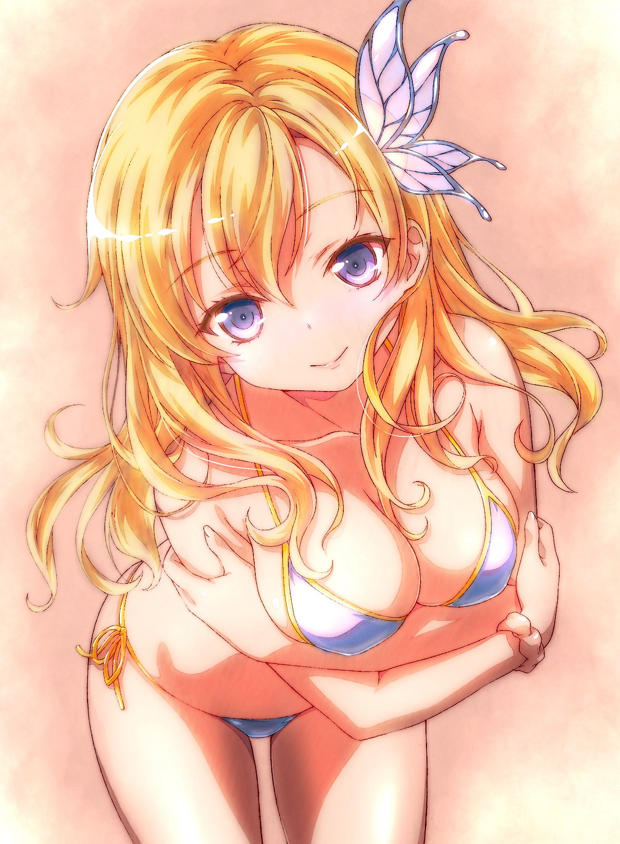 watanabe yoshihiro, kashiwazaki sena, boku wa tomodachi ga sukunai, commentary request, highres, 1girl, arms under breasts, bikini, blonde hair, blue bikini, blue eyes, blush, breasts, bug, butterfly, butterfly hair ornament, cleavage, cowboy shot, hair ornament, halterneck, insect, leaning forward, long hair, looking at viewer, medium breasts, official artist extra, side-tie bikini bottom, solo, string bikini, swimsuit
