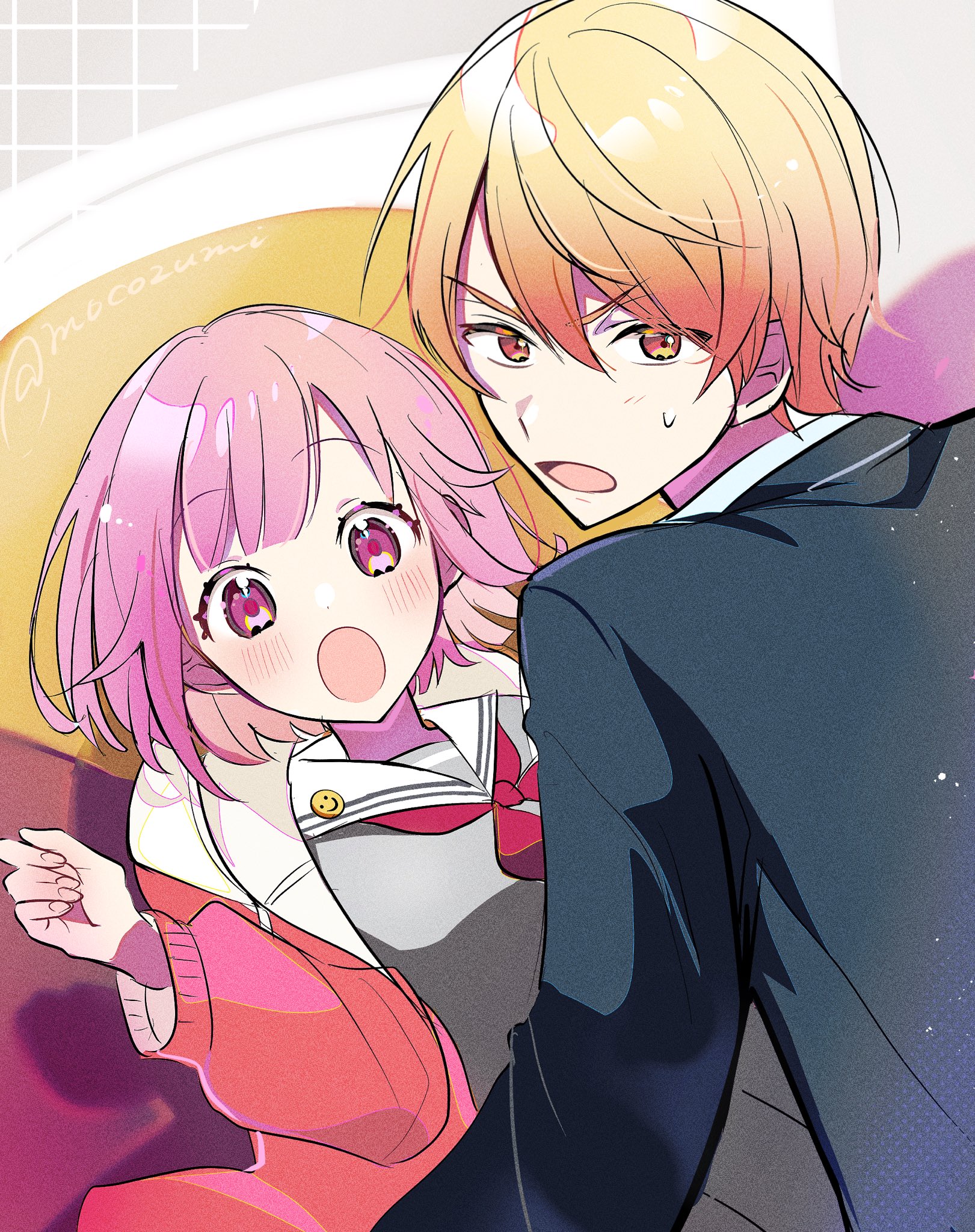 momomo (m0 3), ootori emu, tenma tsukasa, project sekai, hashtag-only commentary, highres, 1boy, 1girl, :o, blonde hair, blunt bangs, blush, double-parted bangs, fingernails, gradient hair, hair between eyes, hetero, hood, hood down, hooded jacket, jacket, kamiyama high school uniform (project sekai), long sleeves, looking at viewer, miyamasuzaka girls' academy school uniform, multicolored hair, neckerchief, nervous sweating, open clothes, open jacket, open mouth, orange eyes, orange hair, pink eyes, pink hair, red neckerchief, sailor collar, school uniform, short hair, sweat, twitter username, two-tone hair, upper body