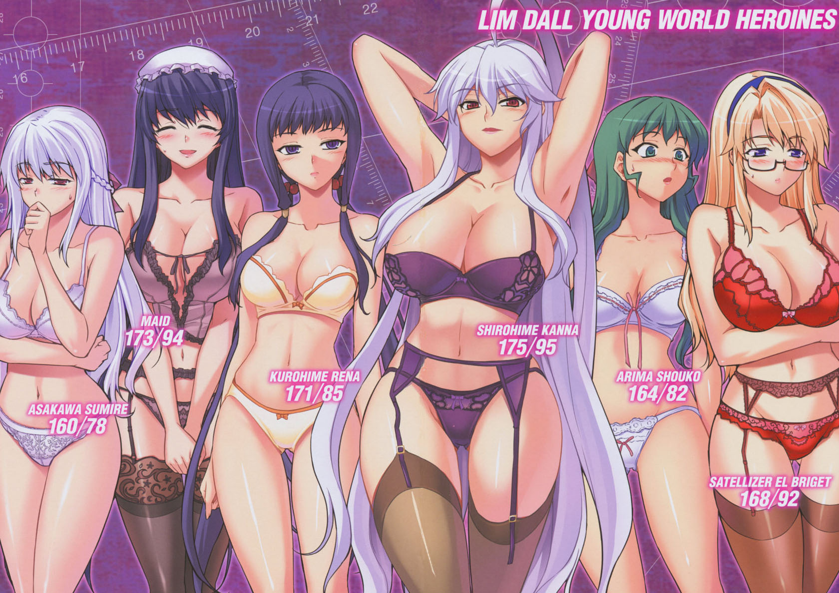 highres, 6+girls, bra, breasts, large breasts, lingerie, long hair, mature female, multiple girls, panties, purple bra, purple panties, red bra, red panties, thighhighs, underwear, white bra, white panties, yellow bra, yellow panties