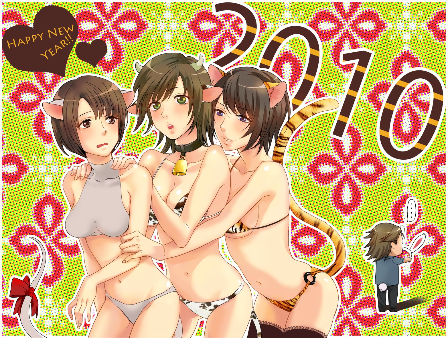 nazumi (sepaseri), asou misaki, kirishima choushiro, minazuki ruka, tsukimori madoka, fatal frame, fatal frame: mask of the lunar eclipse, bad id, bad pixiv id, 10s, 1boy, 2010, 3girls, animal ears, animal print, bell, bikini, blue eyes, blush, breasts, brown eyes, brown hair, cat ears, cat tail, chibi, cleavage, collar, cow ears, cow print, cow tail, green eyes, horns, medium breasts, mouse ears, mouse tail, multiple girls, neck bell, new year, open mouth, panties, rabbit ears, rabbit tail, ribbon, short hair, smile, swimsuit, tail, thighhighs, tiger ears, tiger print, tiger tail, underwear