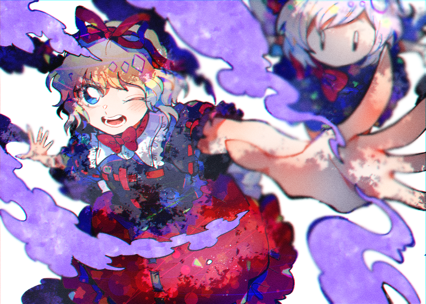 itomugi-kun, medicine melancholy, su-san, touhou, commentary request, blonde hair, blue eyes, bow, bowtie, hair ribbon, one eye closed, open mouth, poison, puffy short sleeves, puffy sleeves, red bow, red bowtie, red ribbon, ribbon, shirt, short hair, short sleeves, skirt, wings