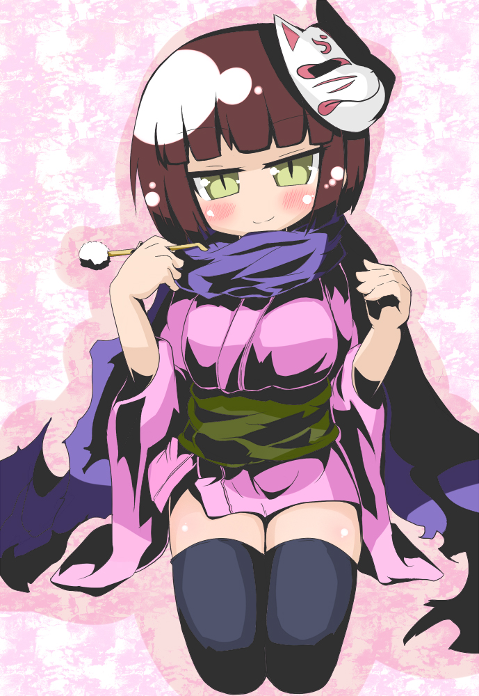 ashi karekusa, shinobi (sekaiju), shinobi 4 (sekaiju), atlus, etrian odyssey, sekaiju no meikyuu, sekaiju no meikyuu 3, bad id, bad pixiv id, 1girl, black thighhighs, blunt bangs, blush, brown hair, cloak, female focus, fox mask, full body, green eyes, japanese clothes, kimono, looking at viewer, mask, mimikaki, pink kimono, seiza, sitting, slit pupils, smile, solo, thighhighs, yukata, zettai ryouiki