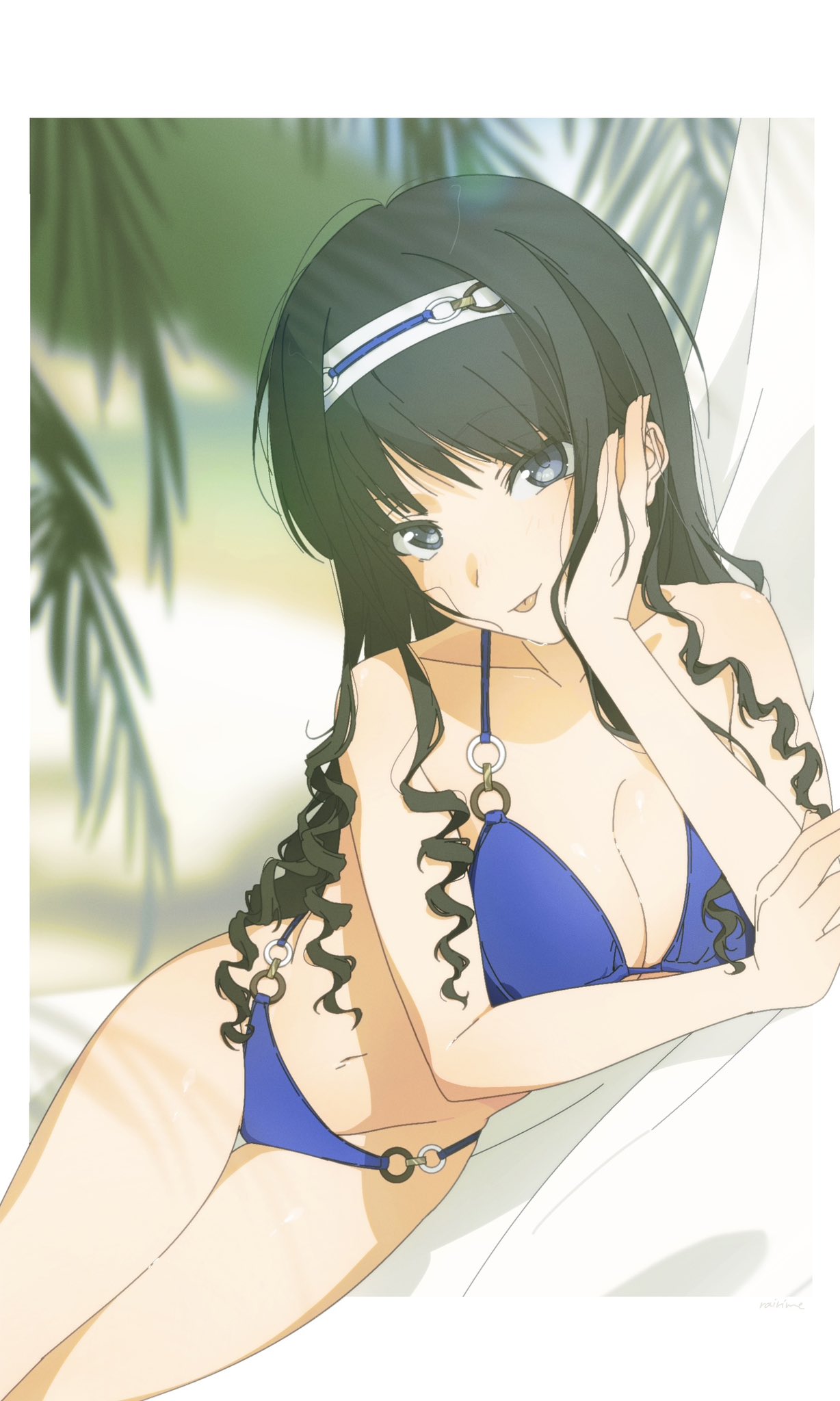 usurai rairai, morishima haruka, amagami, commentary request, highres, 1girl, beach, bikini, black hair, blue bikini, blue eyes, blurry, blurry background, breasts, cleavage, collarbone, curly hair, day, drill hair, feet out of frame, hairband, hammock, head rest, large breasts, long hair, looking at viewer, lying, navel, o-ring, o-ring bikini, on hammock, on side, outdoors, palm tree, shore, solo, string bikini, swimsuit, thighs, tongue, tongue out, tree, white hairband