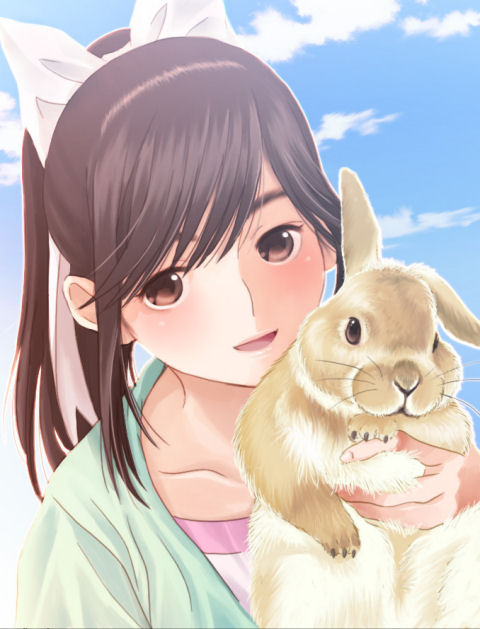 mino tarou, takane manaka, love plus, 1girl, brown eyes, brown hair, cloud, day, female focus, hair ribbon, long hair, ponytail, rabbit, ribbon, sky, smile, solo