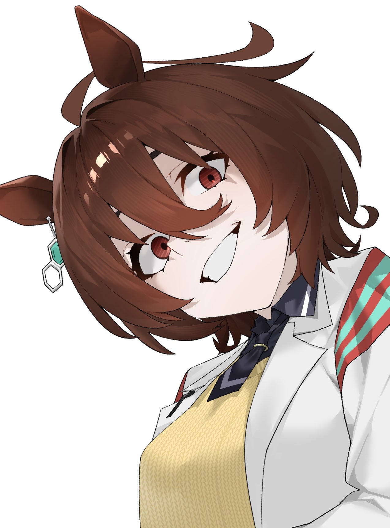 arril100, agnes tachyon (tach-nology) (umamusume), agnes tachyon (umamusume), umamusume, commentary, highres, 1girl, animal ears, brown eyes, brown hair, coat, grin, hair between eyes, horse ears, horse girl, lab coat, short hair, simple background, smile, solo, sweater vest, teeth, upper body, white background, white coat, yellow sweater vest