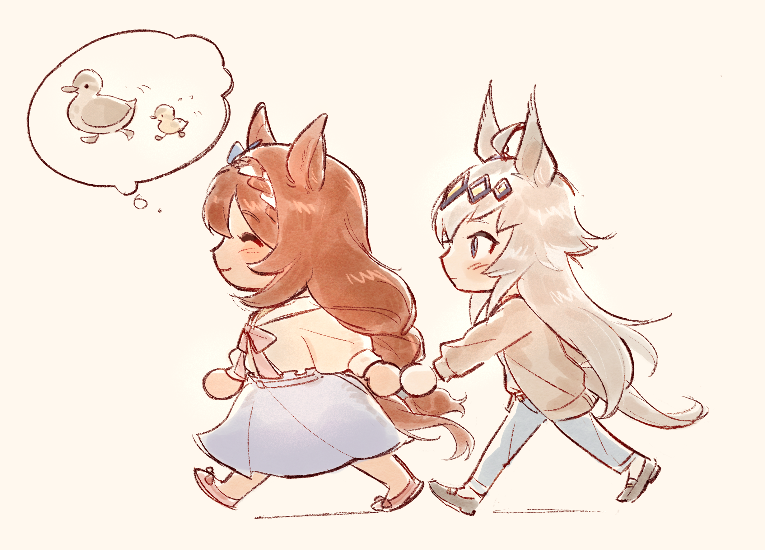 tanukimo imo, oguri cap (casual) (umamusume), oguri cap (umamusume), super creek (casual) (umamusume), super creek (umamusume), umamusume, commentary, english commentary, highres, 2girls, ahoge, animal ears, baby animal, bird, blue eyes, blue pants, blue skirt, blush, bow, braid, brown hair, brown jacket, chibi, closed eyes, closed mouth, duck, duckling, grey hair, hair between eyes, hairband, holding hands, horse ears, horse girl, horse tail, jacket, long hair, long sleeves, multicolored hair, multiple girls, pants, pink bow, shirt, shoes, skirt, smile, speech bubble, streaked hair, tail, thought bubble, very long hair, white hair, white shirt
