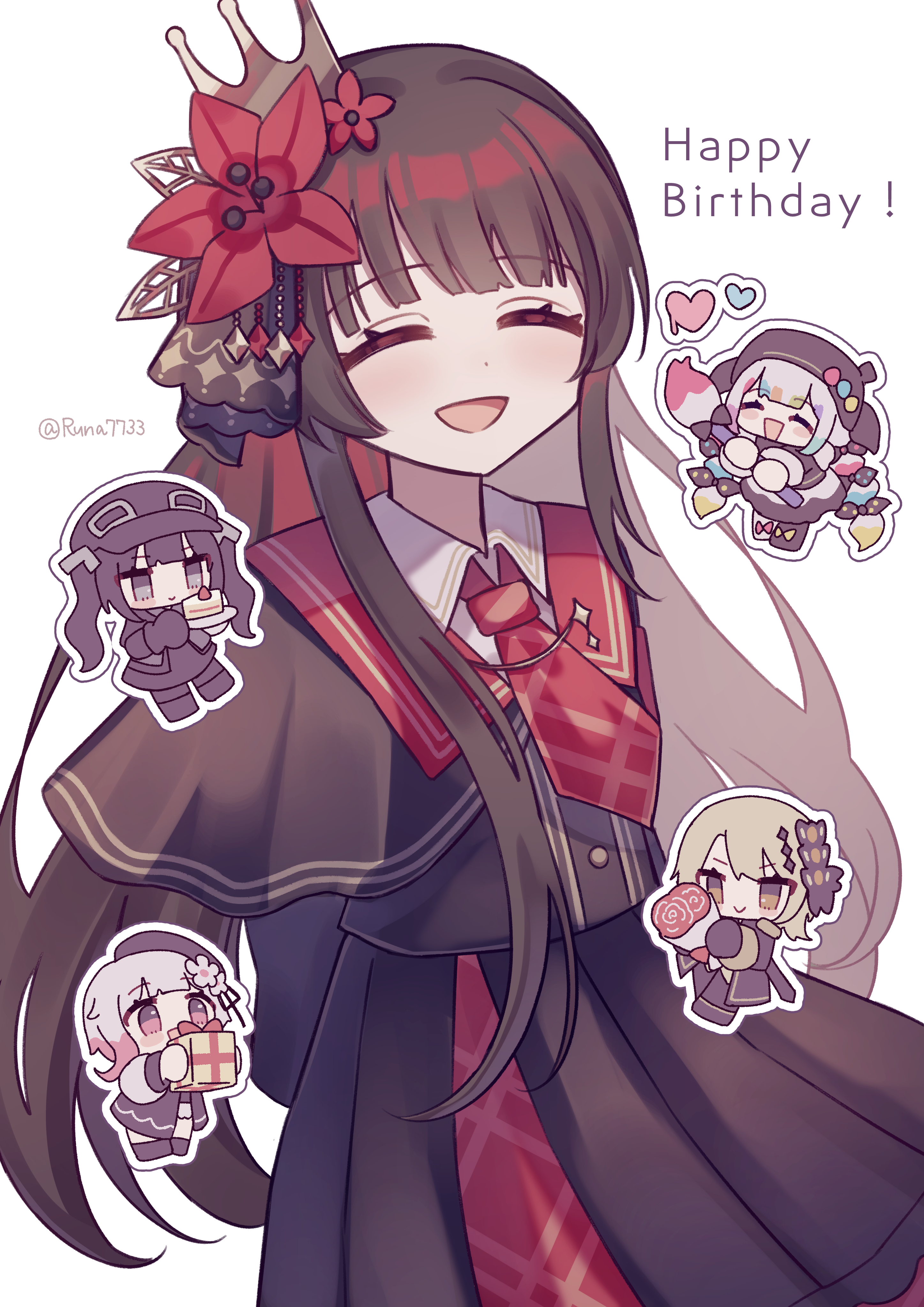 runa (runa7733), hasumi leia, jogasaki noah, kurobe nanoka, nikaido hiro, sakuraba ema, mahou shoujo no majo saiban, absurdres, commentary request, highres, 1girl, :d, ^ ^, arms behind back, birthday cake, black capelet, black hair, black shirt, black skirt, blunt bangs, bouquet, box, cake, cake slice, capelet, chibi, chibi inset, closed eyes, collared shirt, cowboy shot, crown, facing viewer, flower, food, gift, gift box, hair flower, hair ornament, happy birthday, heart, holding, holding bouquet, holding gift, holding paintbrush, long hair, long sleeves, necktie, open mouth, paintbrush, pleated skirt, red flower, red necktie, shirt, simple background, skirt, smile, solo, standing, white background