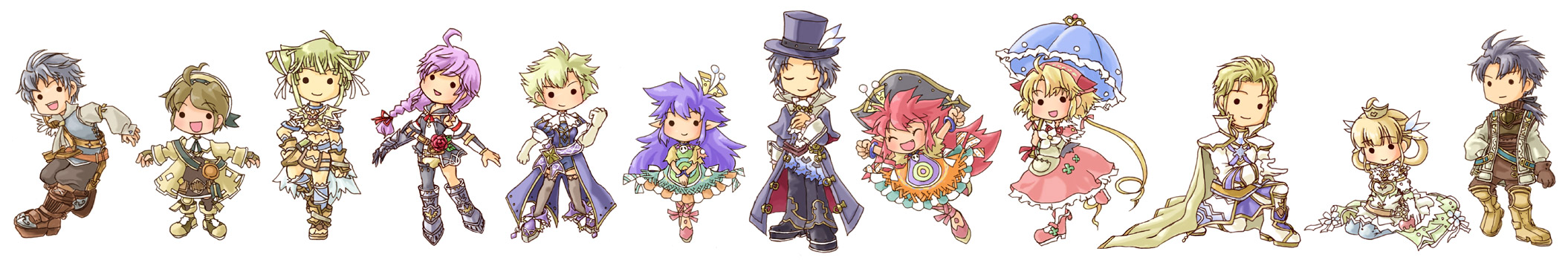 fuju, allegretto, beat, beat (trusty bell), claves, crescendo (trusty bell), falsetto, frederic chopin (trusty bell), jitterbug (trusty bell), march (trusty bell), polka (trusty bell), salsa, salsa (trusty bell), serenade (trusty bell), viola, trusty bell, silver hair, highres, long image, wide image, 6+boys, 6+girls, bicorne, black hair, blonde hair, blue hair, brown hair, chibi, closed eyes, cone hair bun, crown, dress, hair bun, hat, long hair, midriff, multiple boys, multiple girls, purple hair, red hair, short hair, top hat, twintails, umbrella