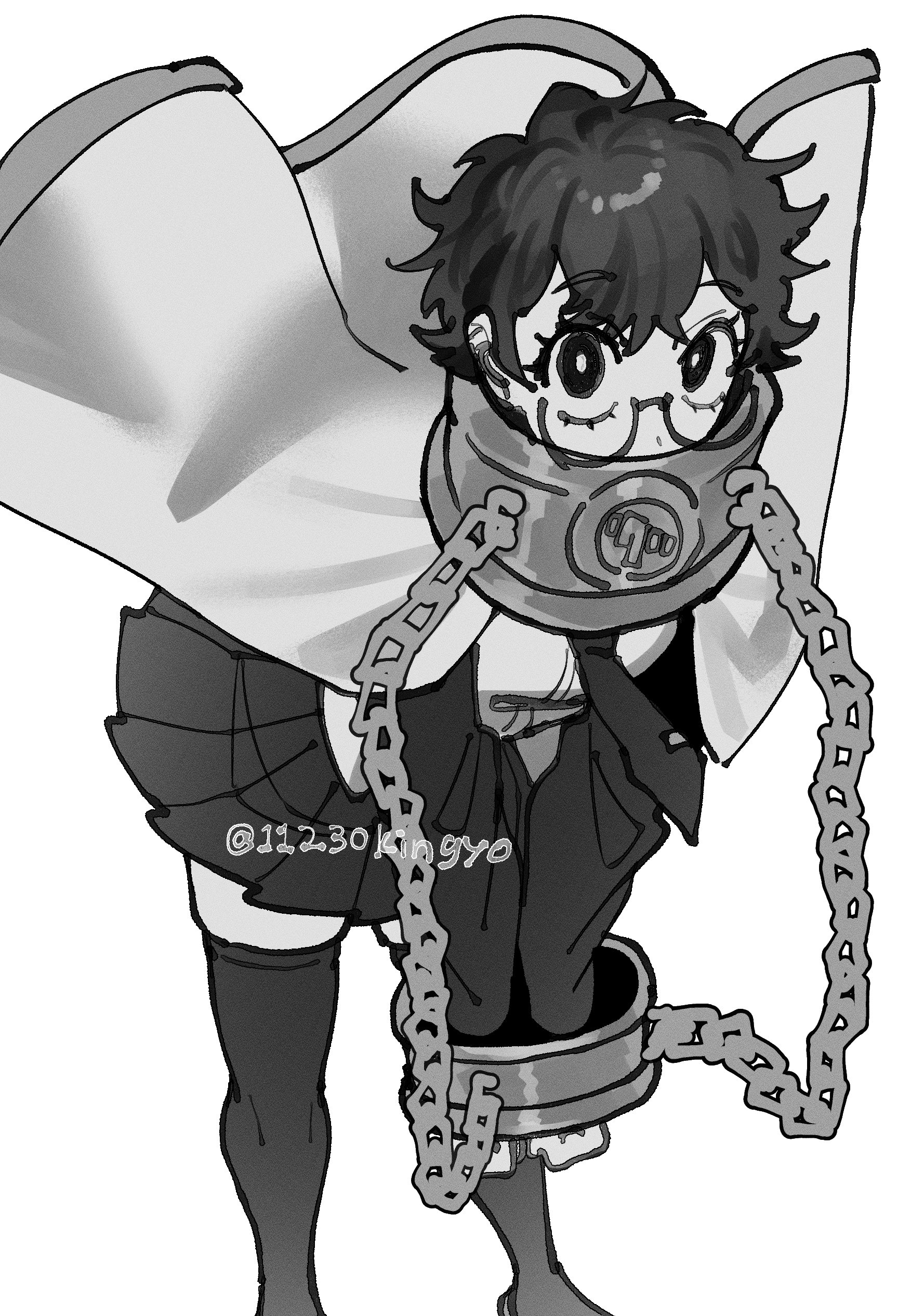 11230kingyo, sora (project moon), limbus company, project moon, absurdres, commentary request, highres, 1girl, artist name, bent over, black eyes, black hair, breasts, cape, chain, collar, covered mouth, crazy eyes, glasses, limited palette, looking at viewer, monochrome, necktie, simple background, skirt, solo, thighhighs, white background