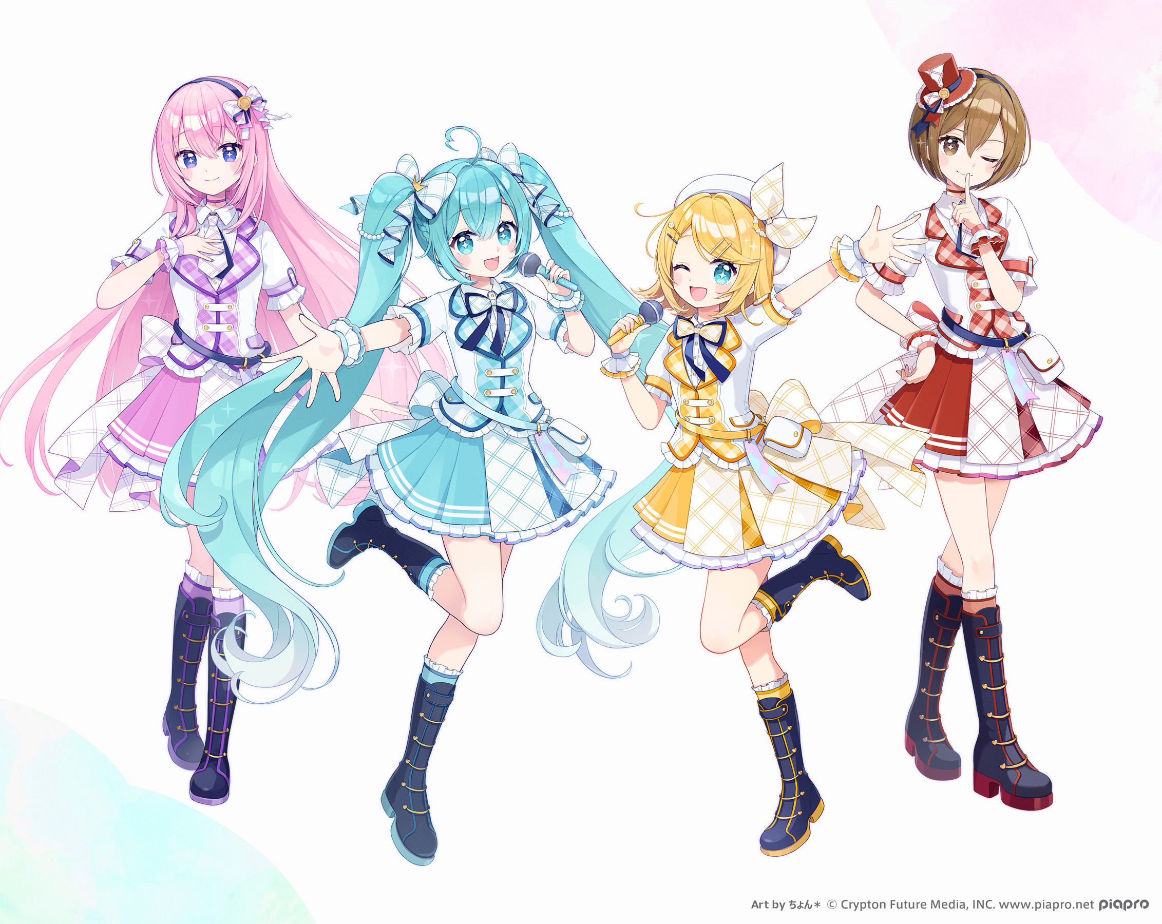 chon (chon33v), hatsune miku, kagamine rin, megurine luka, meiko (vocaloid), piapro studio, vocaloid, commentary request, highres, 4girls, ahoge, aqua dress, aqua eyes, aqua hair, arm up, black boots, blonde hair, blue eyes, blush, boots, bow, brown eyes, brown hair, collared shirt, dress, full body, hair between eyes, hair bow, hat, heart, heart ahoge, index finger raised, long hair, looking at viewer, mini hat, mini top hat, multiple girls, one eye closed, open mouth, pink hair, pink skirt, plaid clothes, plaid dress, plaid skirt, pleated skirt, red skirt, scrunchie, shirt, short hair, short sleeves, skirt, smile, standing, standing on one leg, top hat, twintails, very long hair, white dress, white scrunchie, white shirt, wrist scrunchie