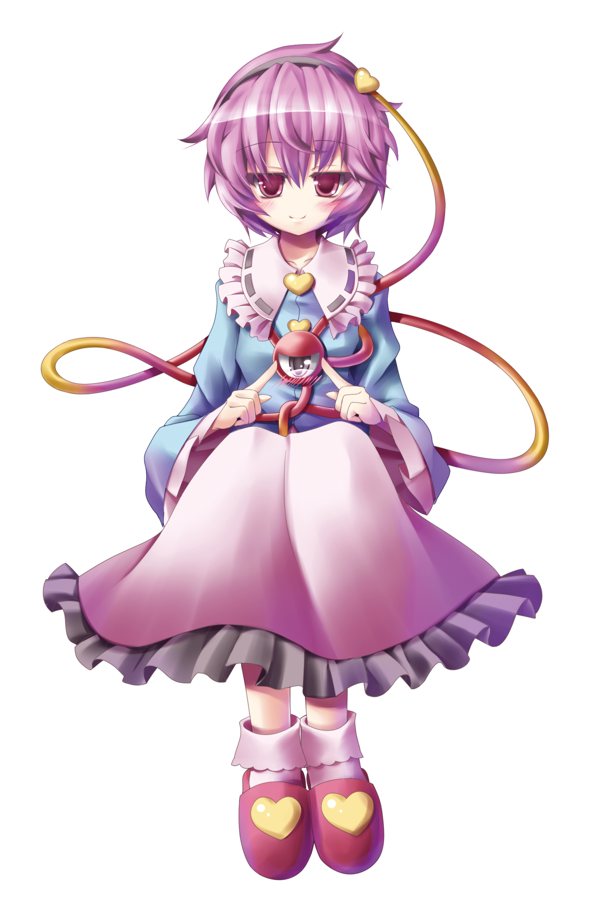 yosugara shou, komeiji satori, shou, touhou, absurdres, bad id, bad pixiv id, highres, 1girl, blush, female focus, full body, hairband, heart, purple hair, red eyes, short hair, sitting, slippers, smile, solo, transparent background